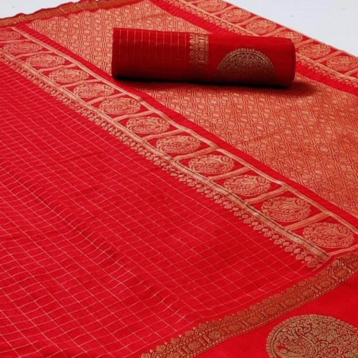 Red Festive Wear Checks Pattern Woven Silk Saree - Peachmode