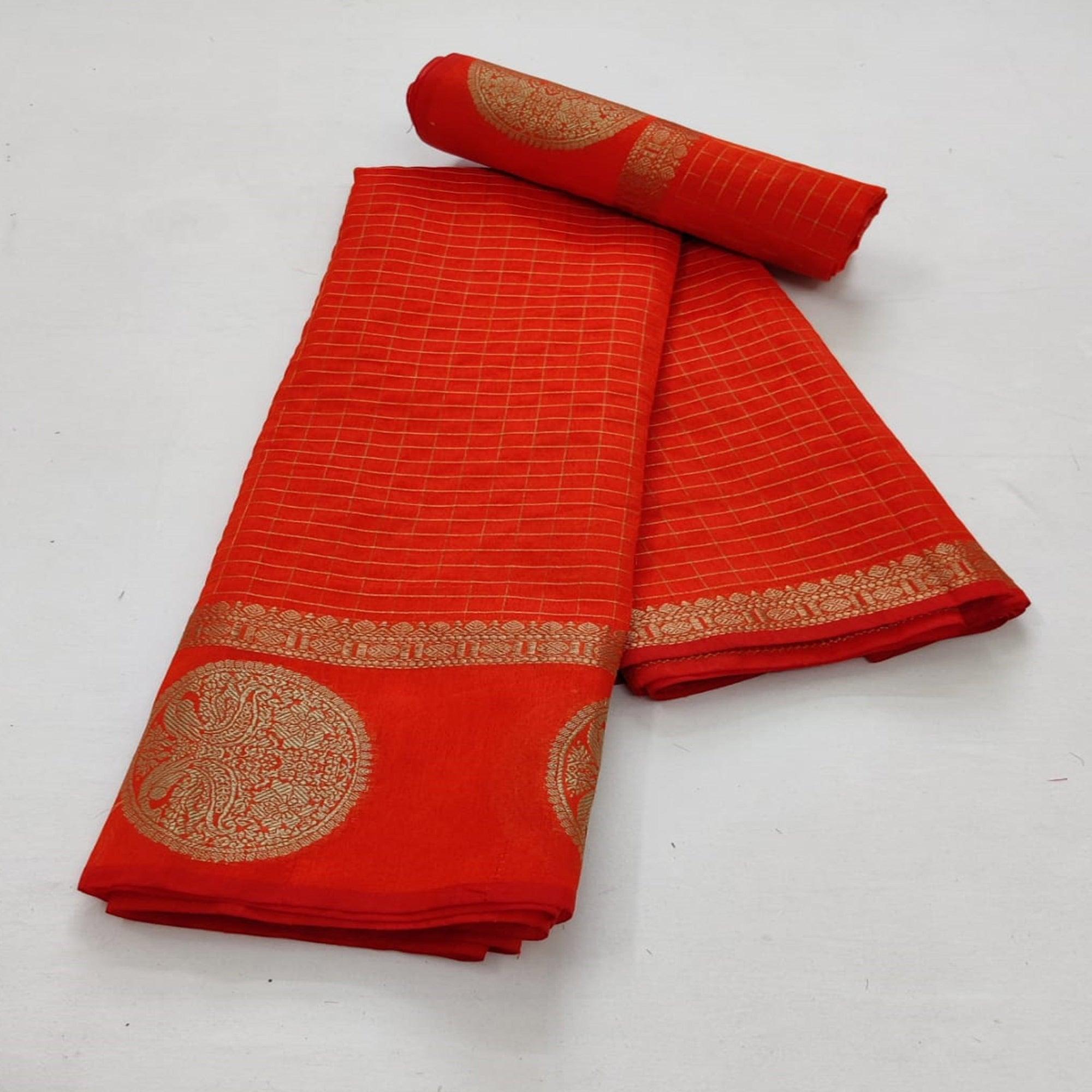 Red Festive Wear Checks Pattern Woven Silk Saree - Peachmode