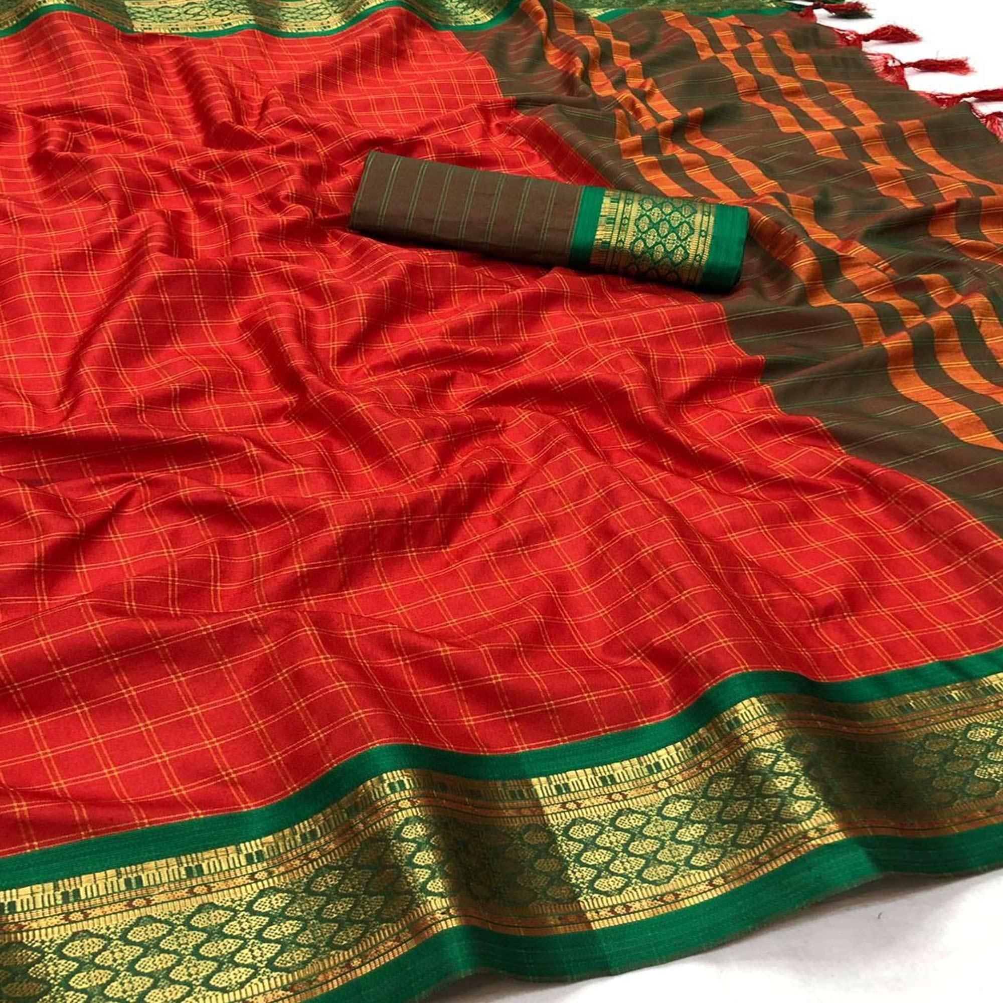Red Festive Wear Checks With Woven Border Cotton Silk Saree - Peachmode