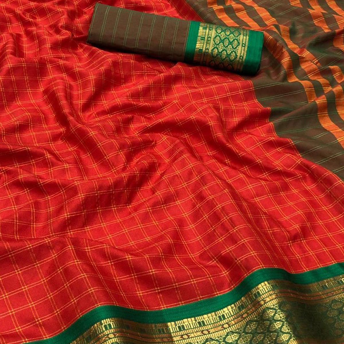 Red Festive Wear Checks With Woven Border Cotton Silk Saree - Peachmode