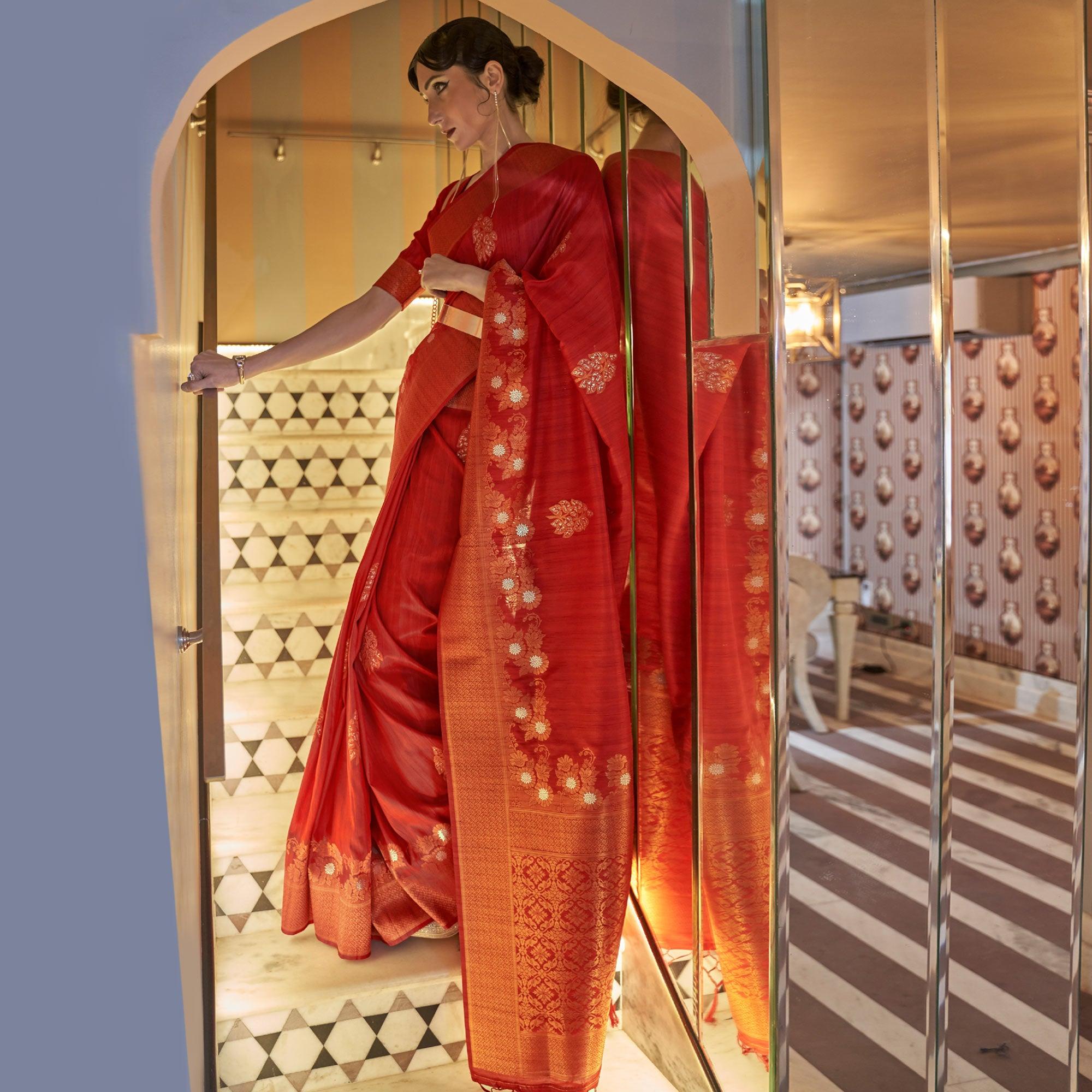 Red Festive Wear Copper Zari Weaving Tussar Silk Saree With Tassels - Peachmode