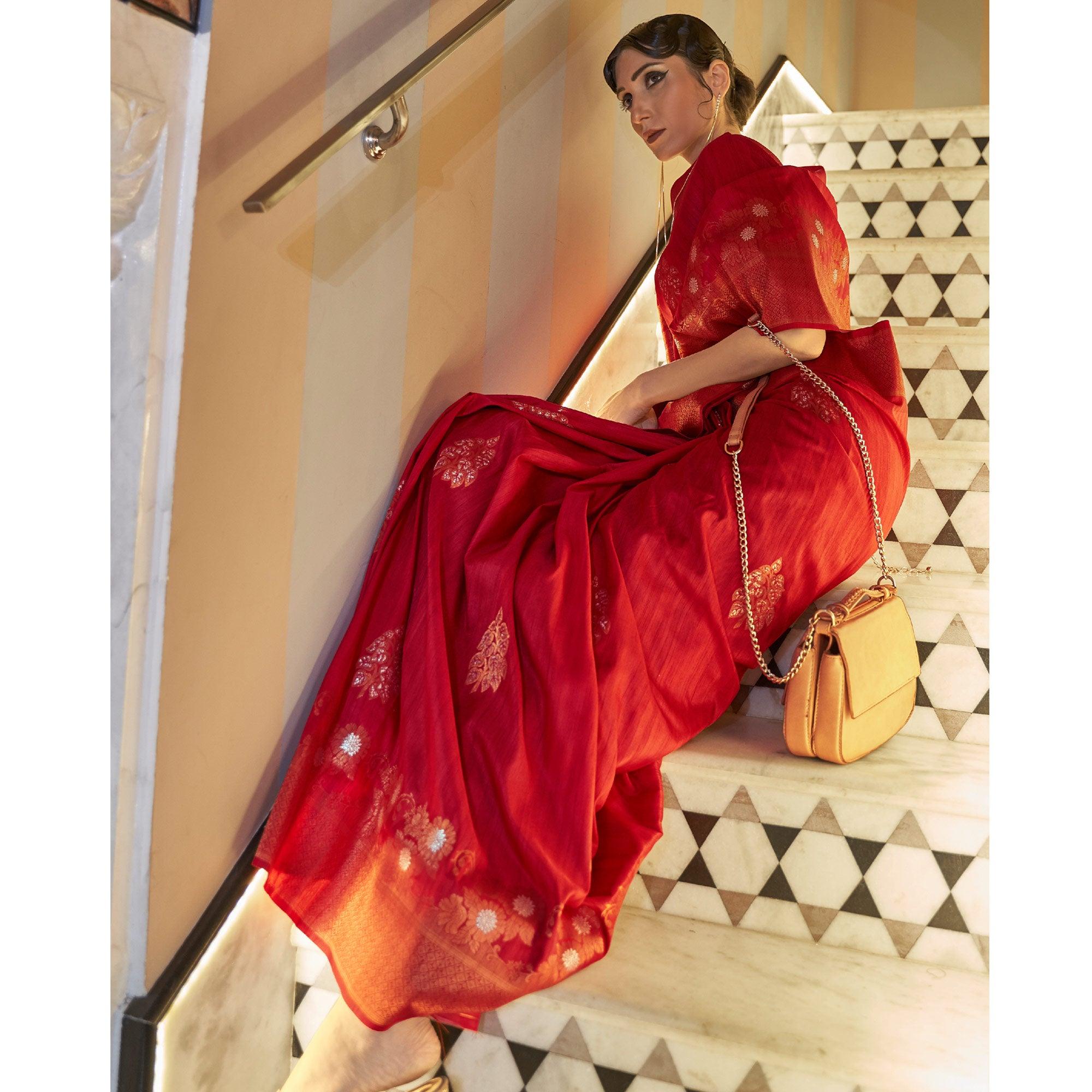 Red Festive Wear Copper Zari Weaving Tussar Silk Saree With Tassels - Peachmode