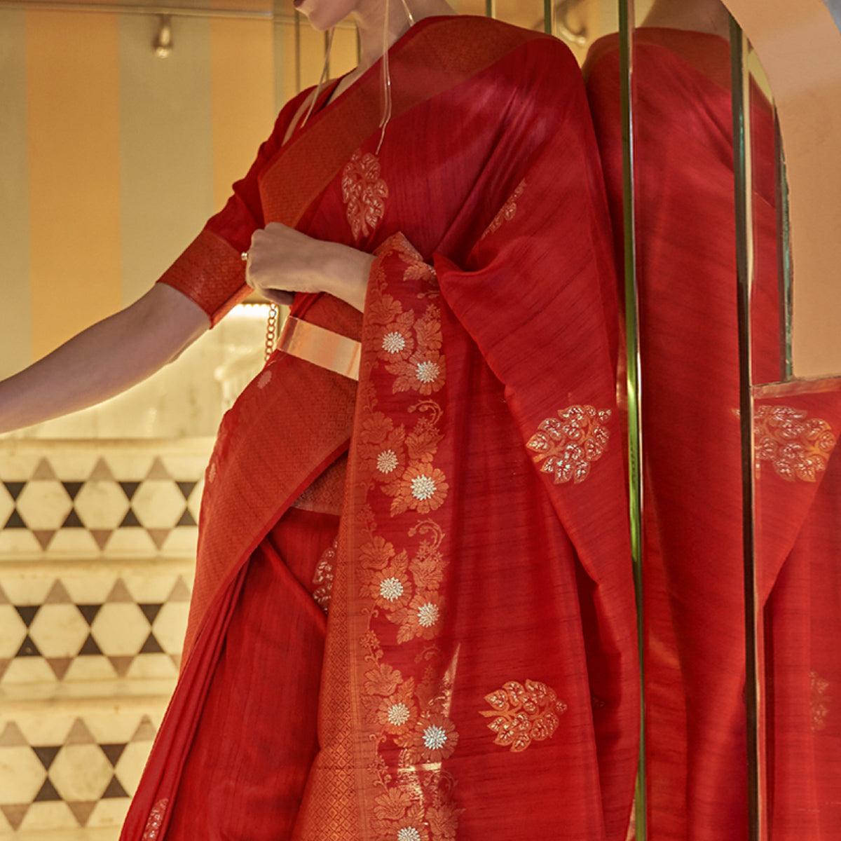 Red Festive Wear Copper Zari Weaving Tussar Silk Saree With Tassels - Peachmode