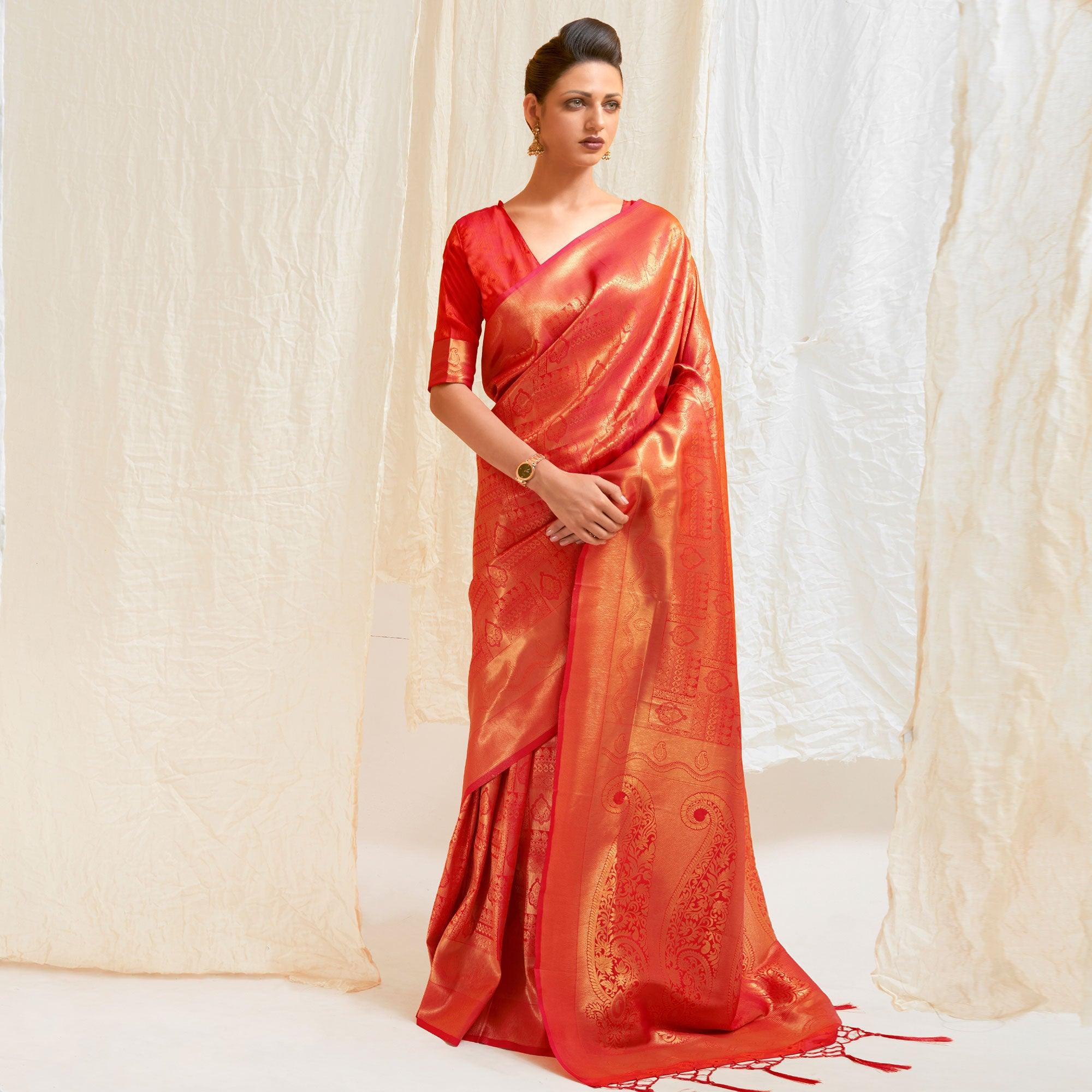 Red Festive Wear Designer Woven Silk Saree - Peachmode