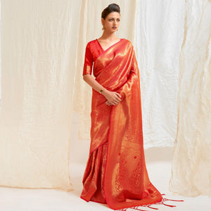 Red Festive Wear Designer Woven Silk Saree - Peachmode