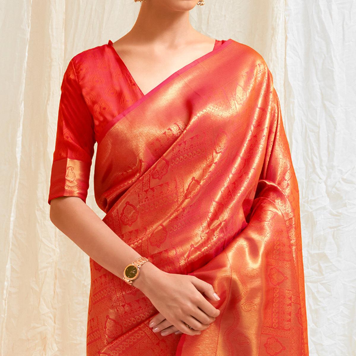 Red Festive Wear Designer Woven Silk Saree - Peachmode