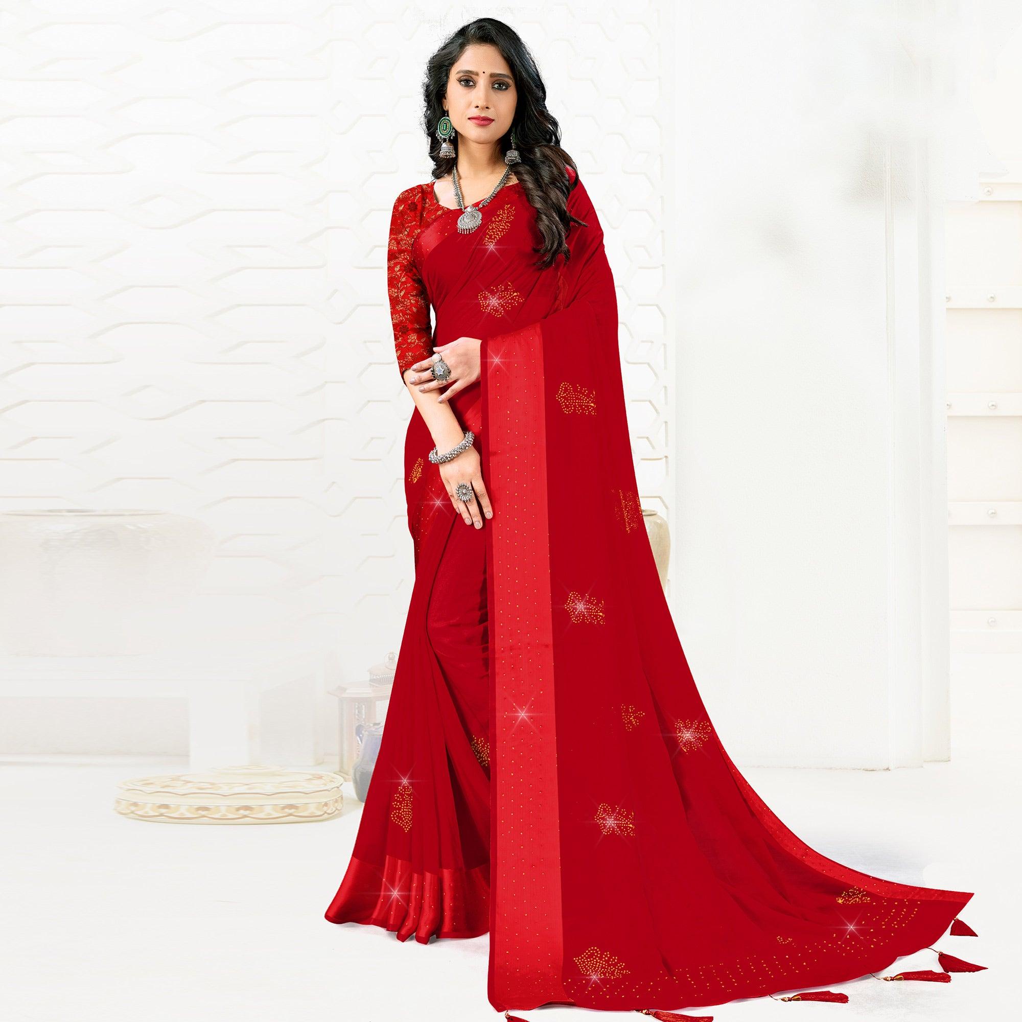 Red Festive Wear Diamond And Swarovski Soft Chiffon-Satin Saree - Peachmode
