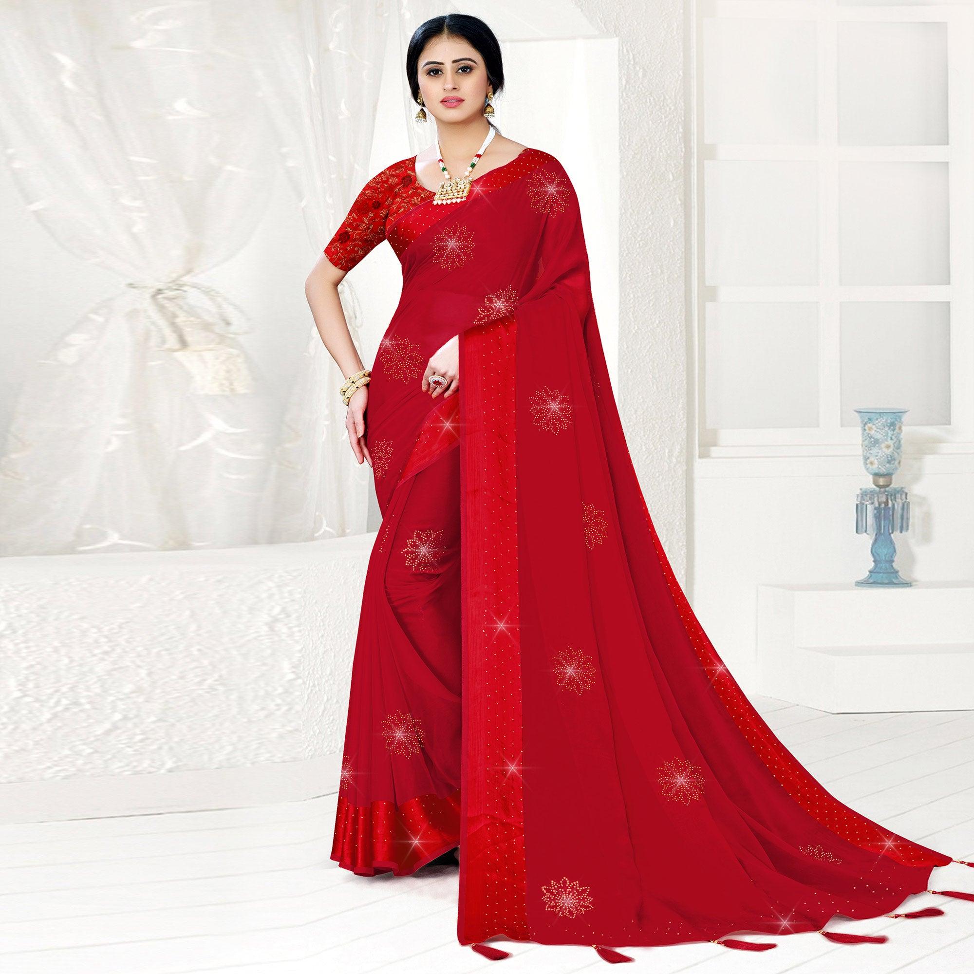 Red Festive Wear Diamond And Swarovski Soft Chiffon-Satin Saree - Peachmode