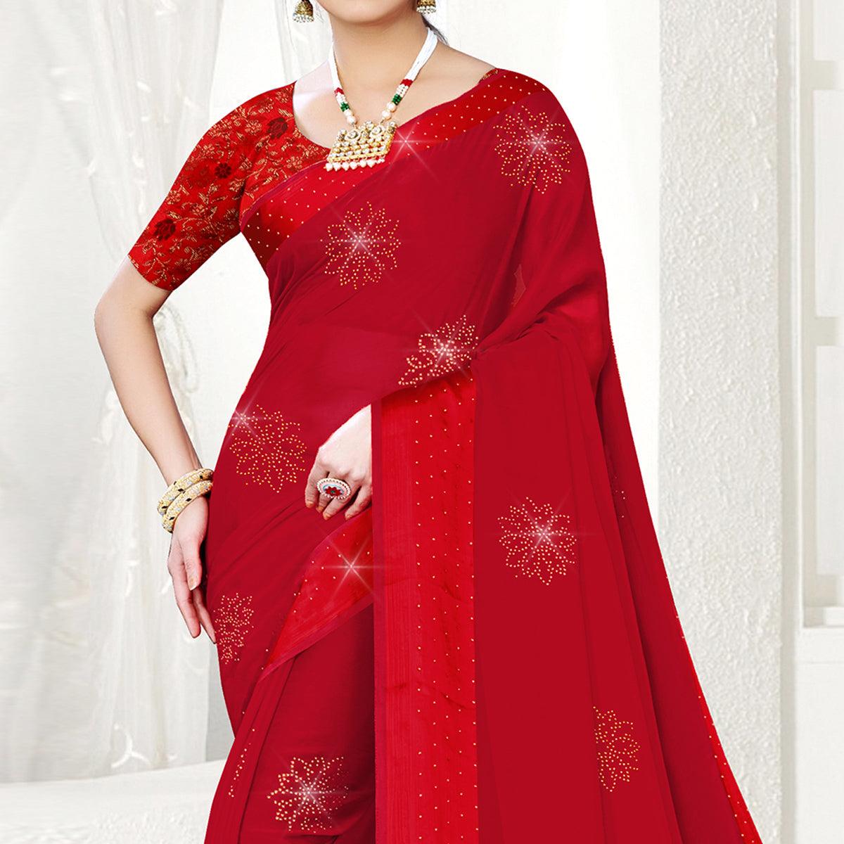 Red Festive Wear Diamond And Swarovski Soft Chiffon-Satin Saree - Peachmode