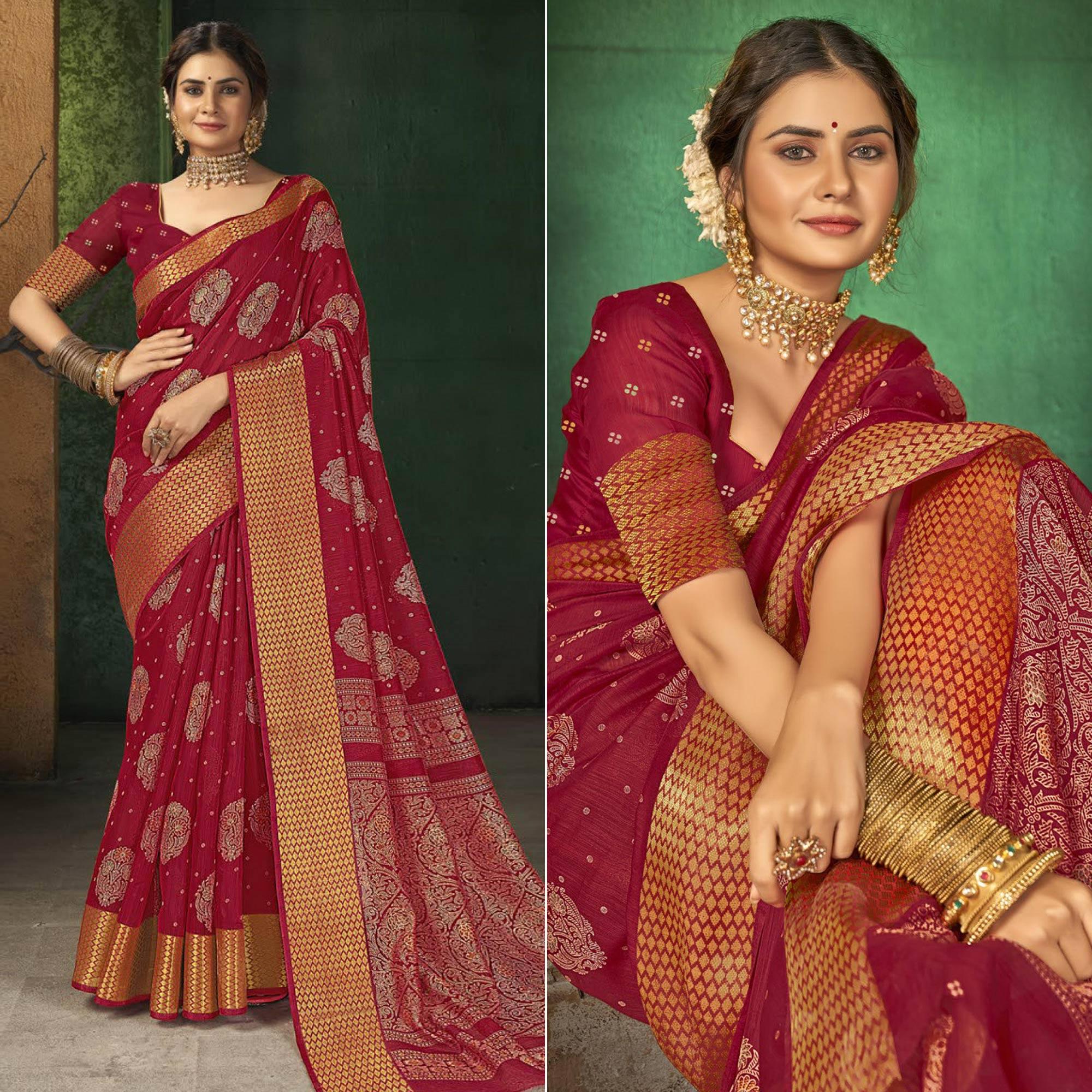 Red Festive Wear Digital Printed Cotton Saree - Peachmode