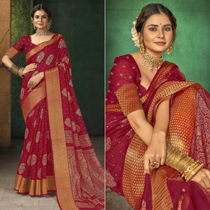 Red Festive Wear Digital Printed Cotton Saree - Peachmode