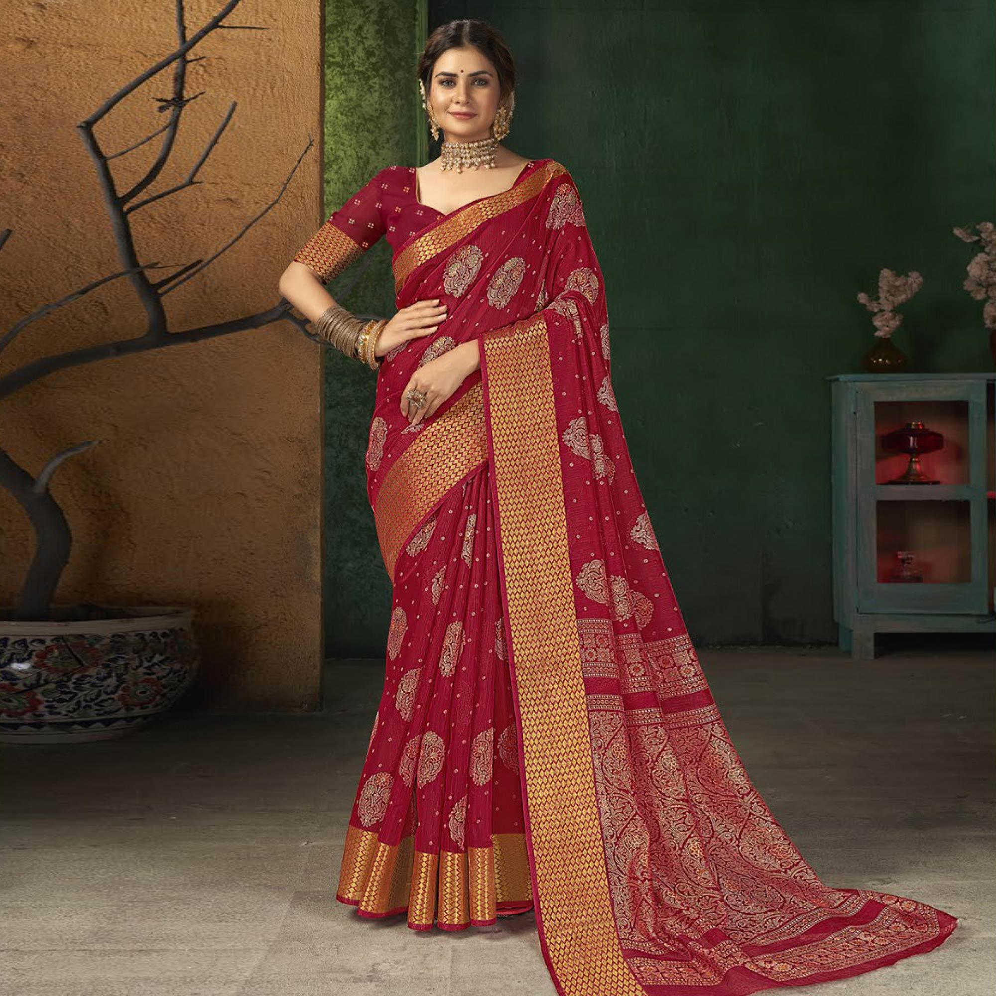 Red Festive Wear Digital Printed Cotton Saree - Peachmode