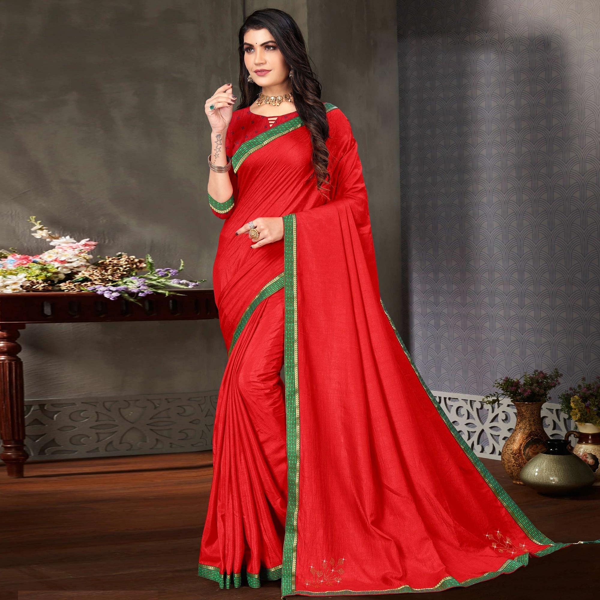 Red Festive Wear Embellished Art Silk Saree - Peachmode