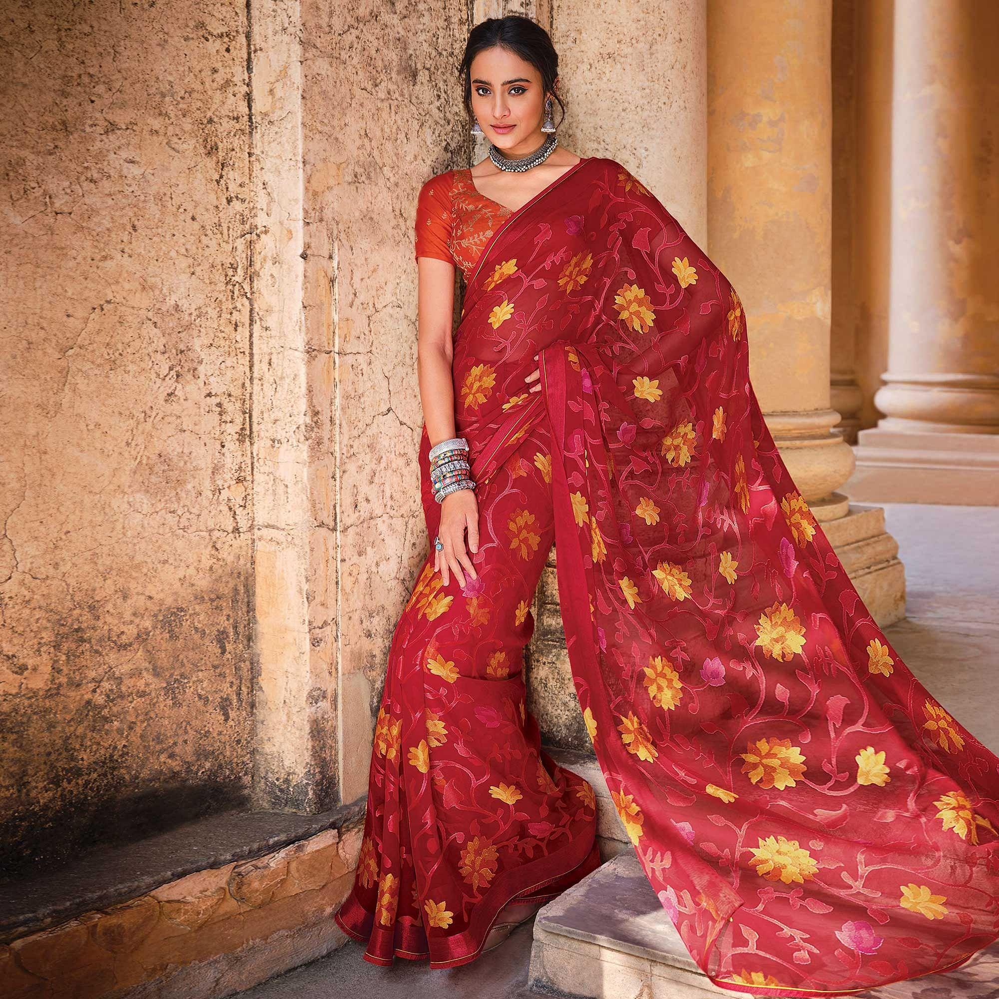 Red Festive Wear Embellished Brasso Saree - Peachmode