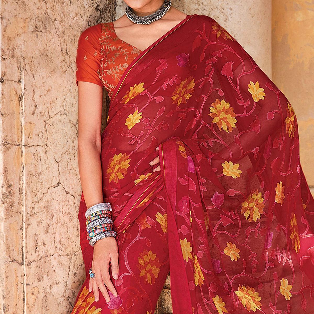 Red Festive Wear Embellished Brasso Saree - Peachmode