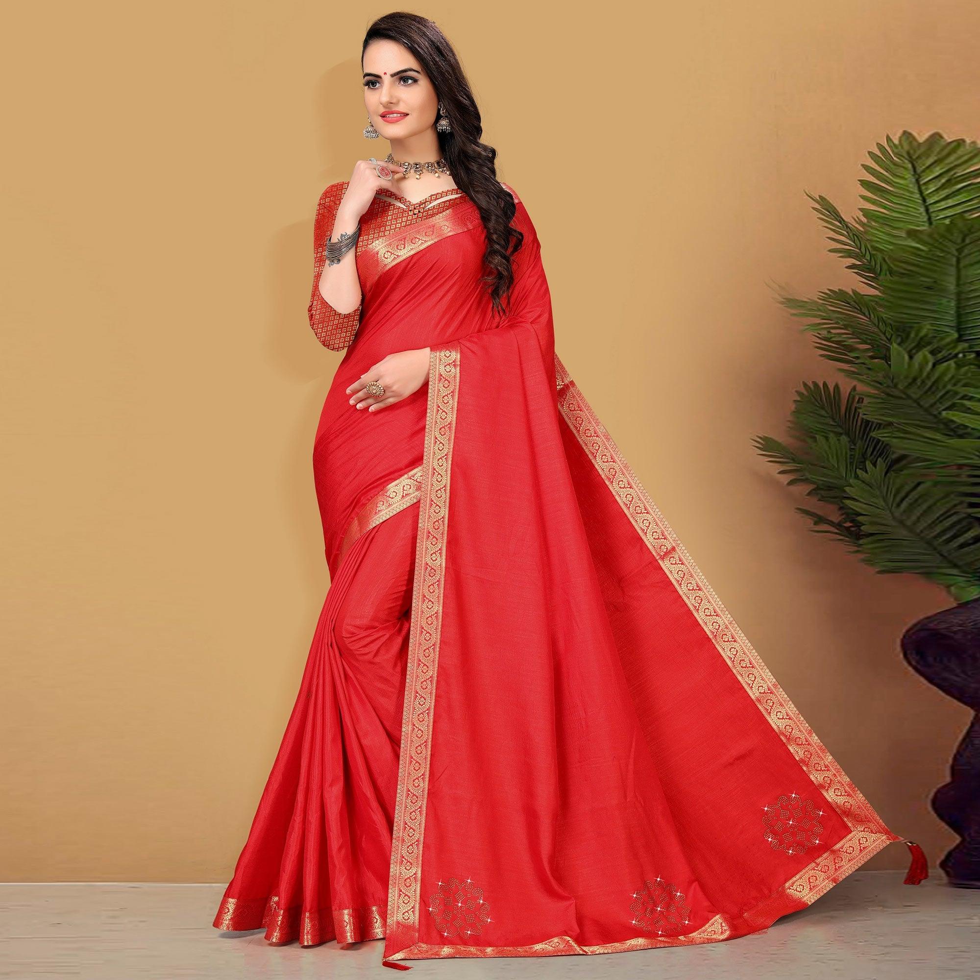 Red Festive Wear Embellished Vichitra Silk Saree - Peachmode