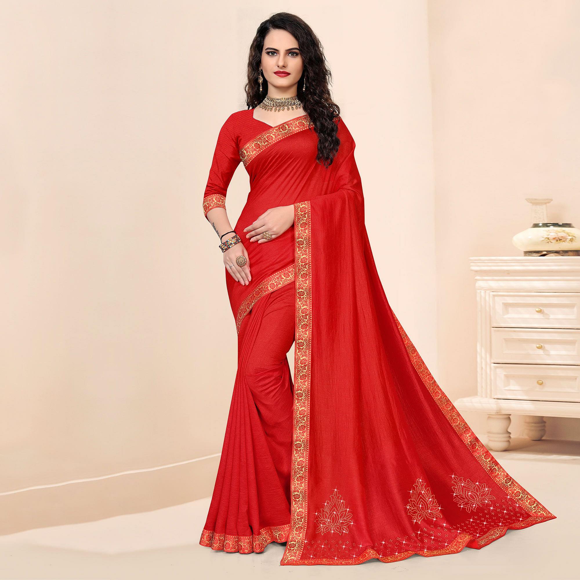 Red Festive Wear Embellished Vichitra Silk Saree - Peachmode