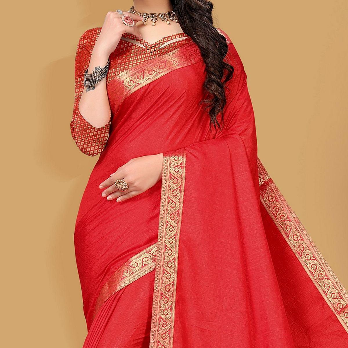 Red Festive Wear Embellished Vichitra Silk Saree - Peachmode