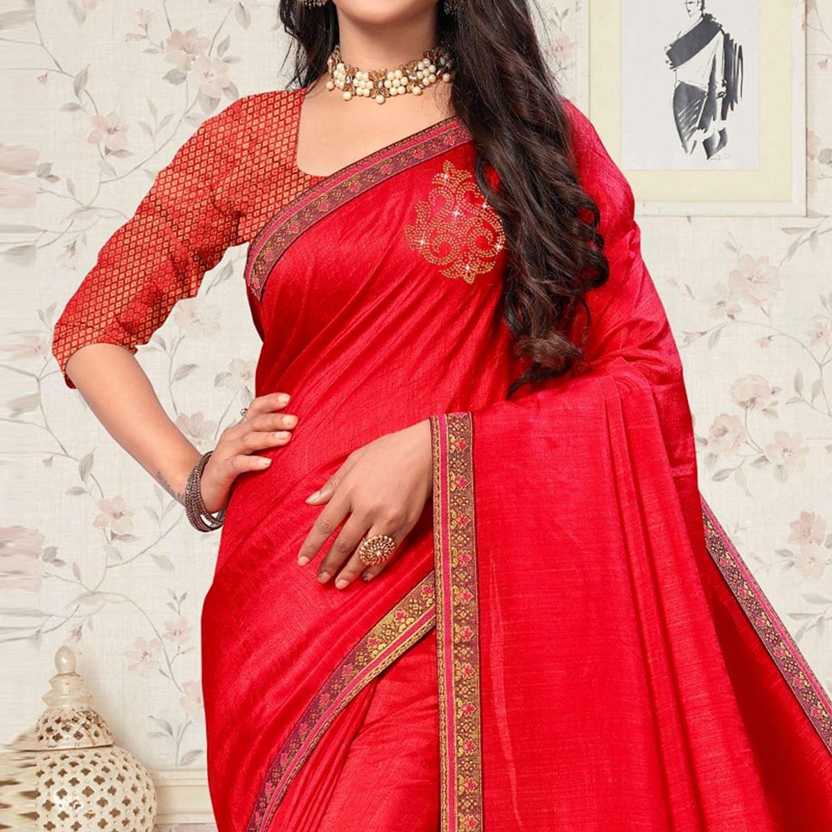Red Festive Wear Embellished Vichitra Silk Saree - Peachmode