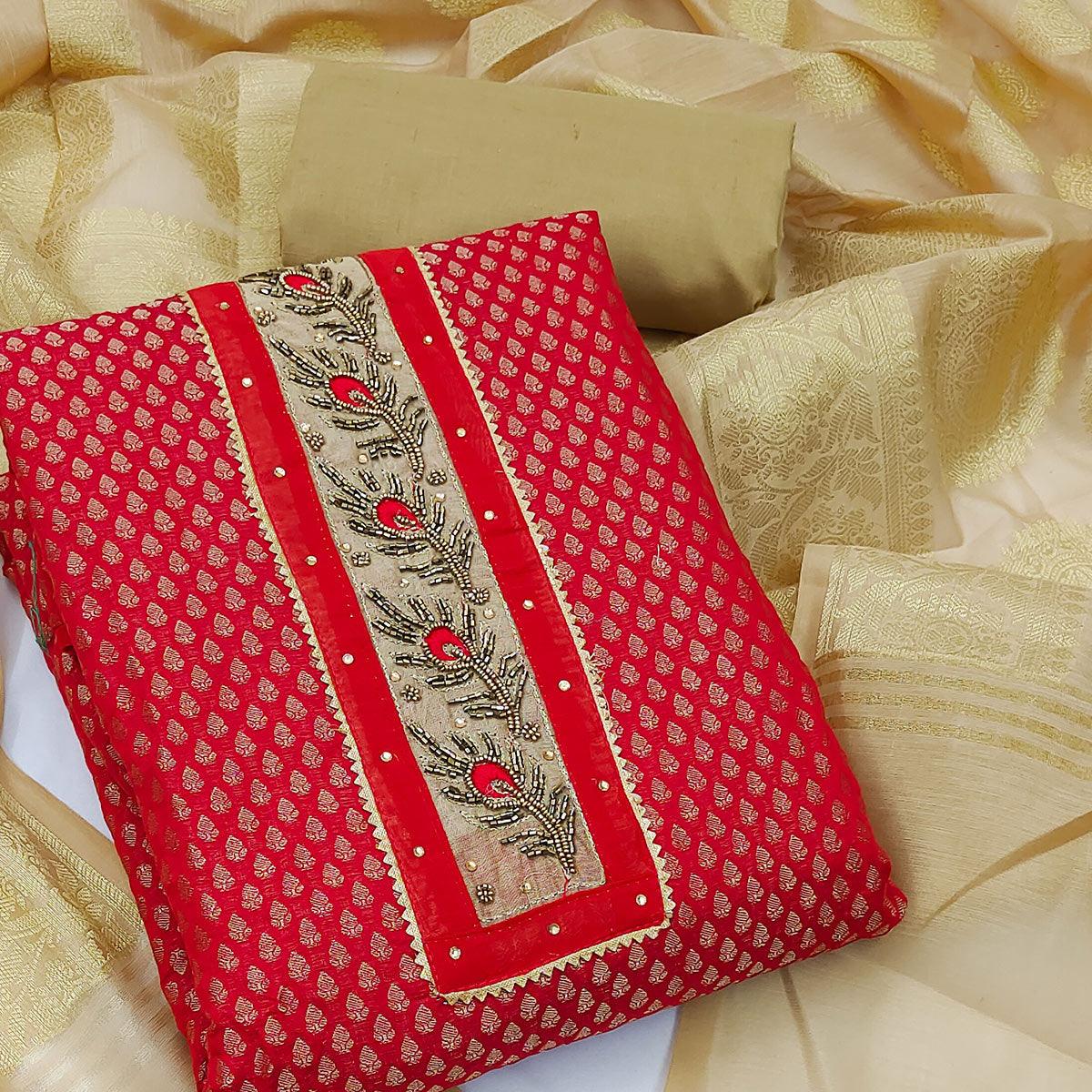 Red Festive Wear Embellished with Woven Chanderi Dress Material - Peachmode