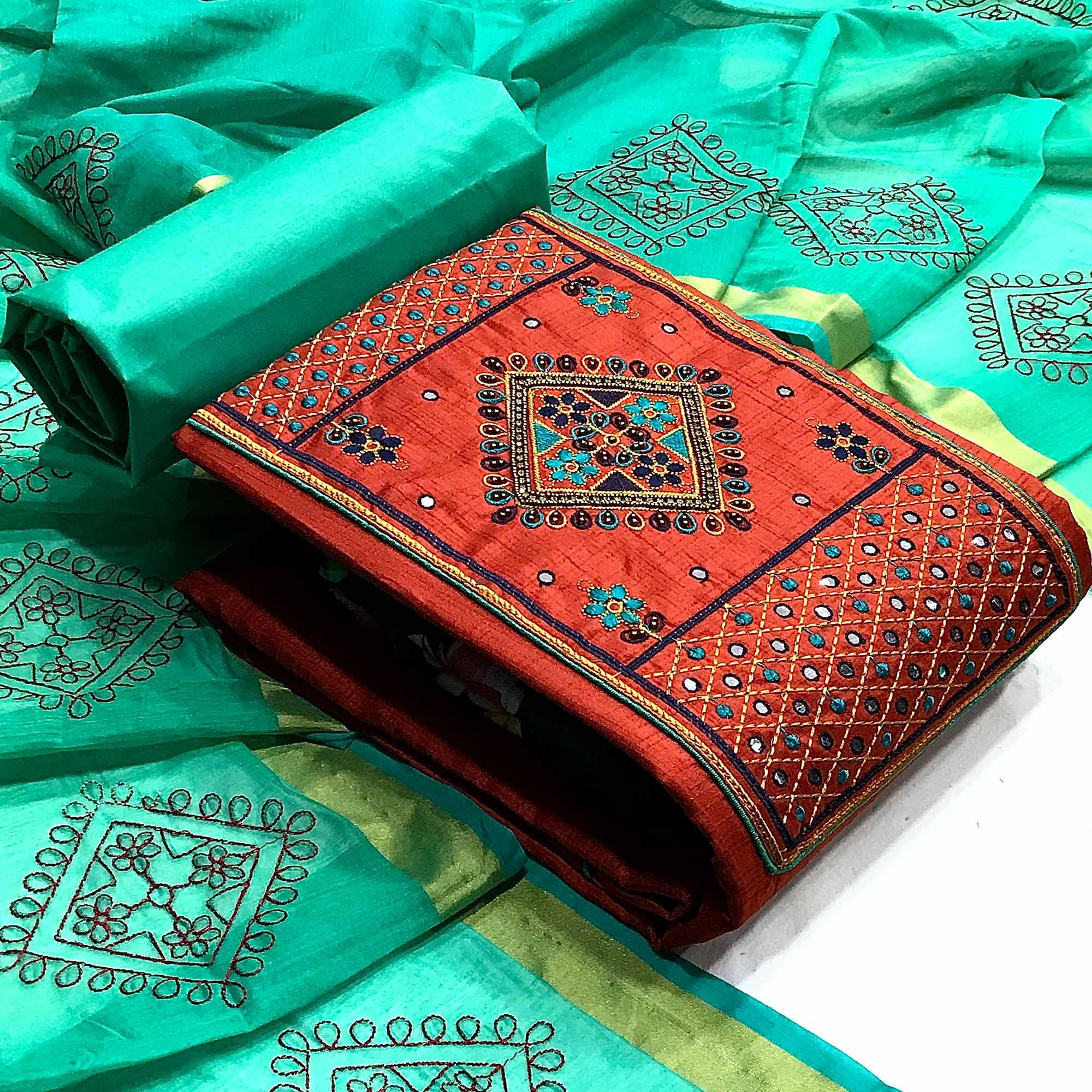 Red Festive Wear Embroidered & Embellished Cotton Dress Material - Peachmode