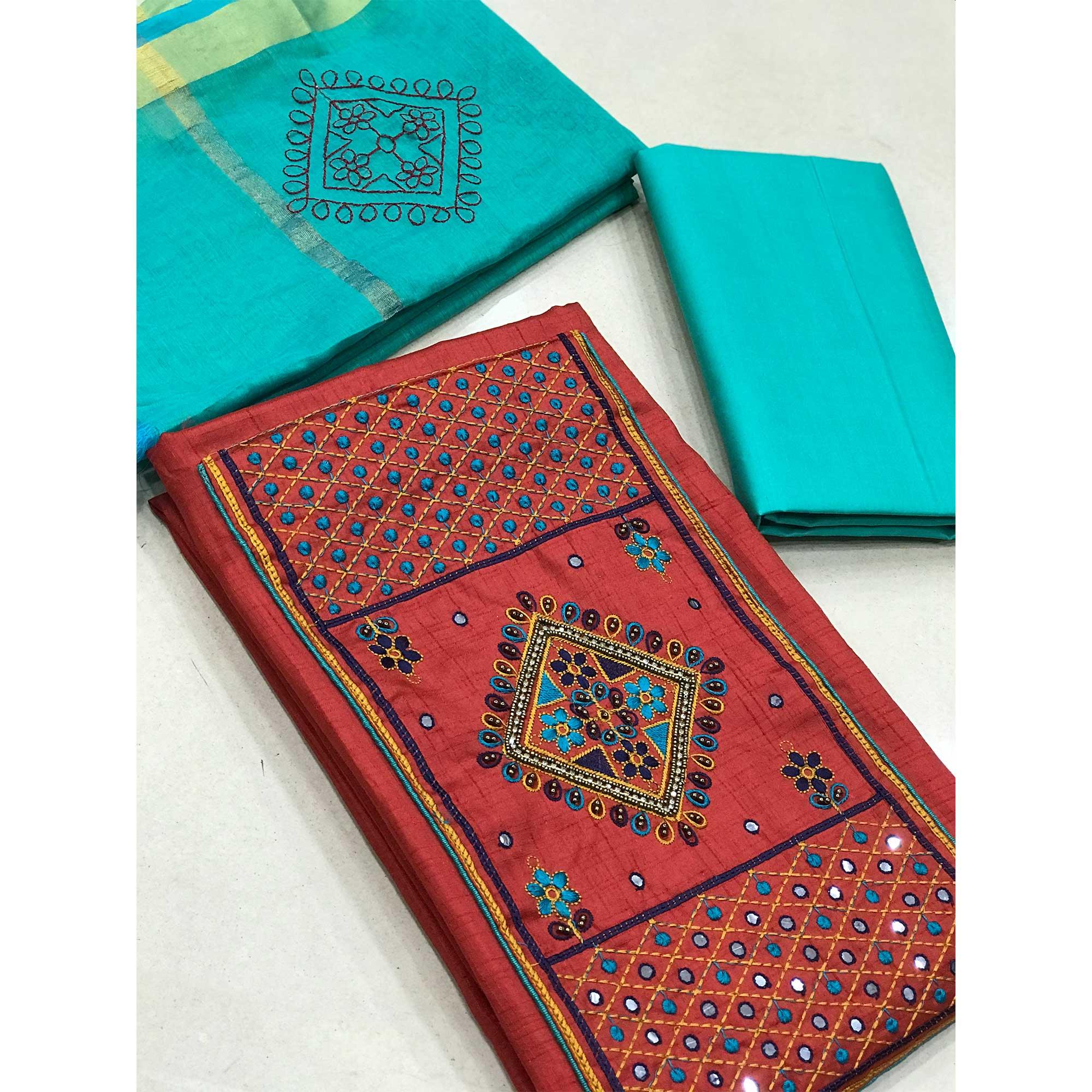 Red Festive Wear Embroidered & Embellished Cotton Dress Material - Peachmode