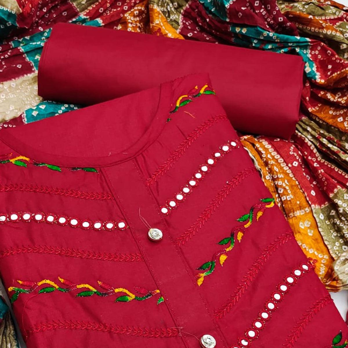 Red Festive Wear Embroidered & Embellished Cotton Dress Material - Peachmode