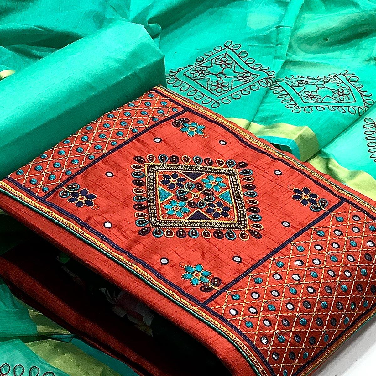 Red Festive Wear Embroidered & Embellished Cotton Dress Material - Peachmode