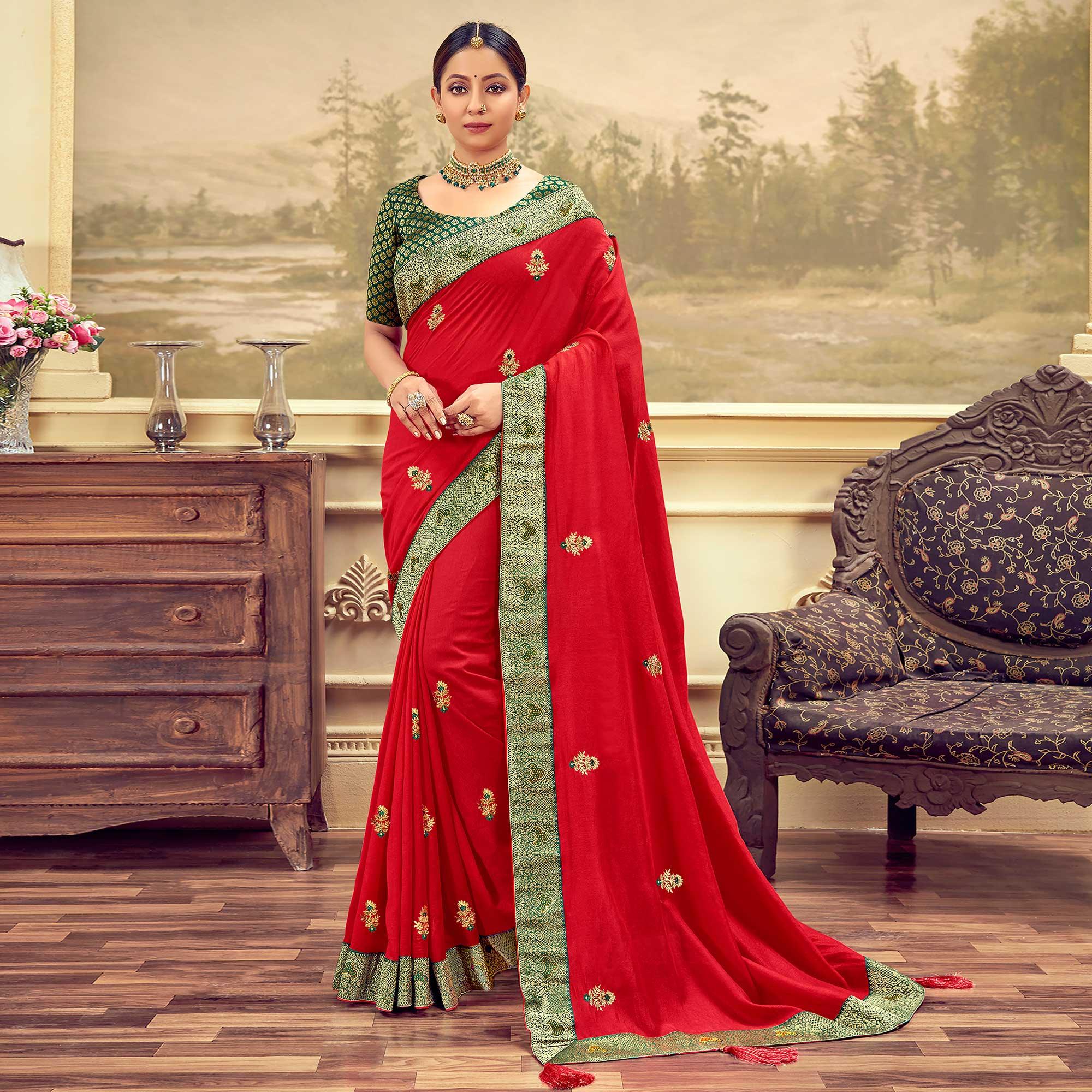 Red Festive Wear Embroidered & Swarovski Silk Saree - Peachmode