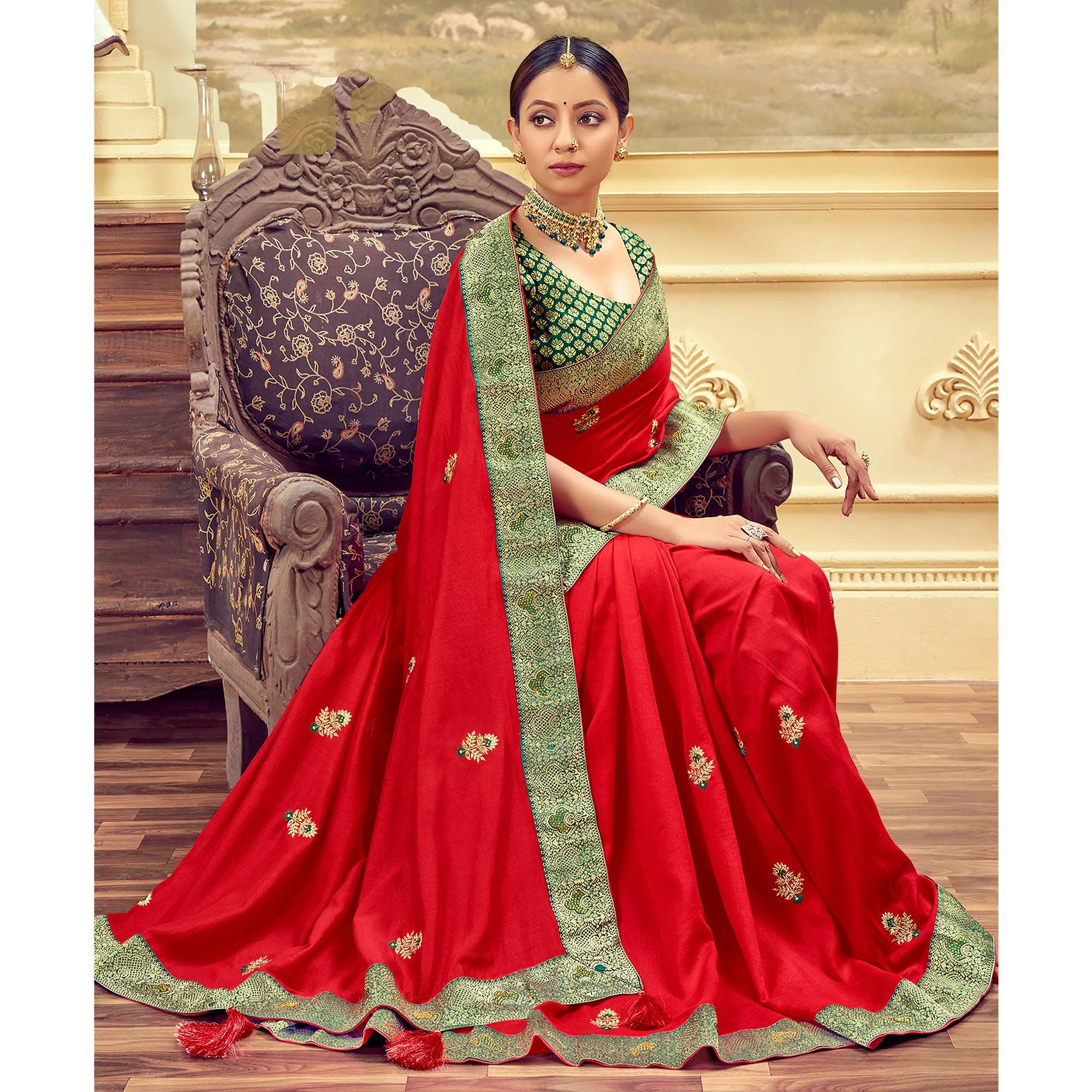 Red Festive Wear Embroidered & Swarovski Silk Saree - Peachmode