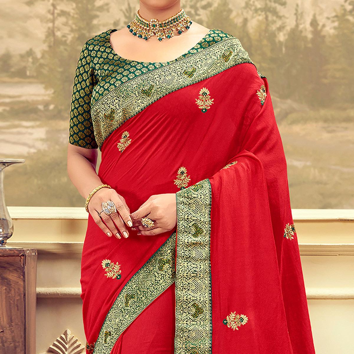 Red Festive Wear Embroidered & Swarovski Silk Saree - Peachmode