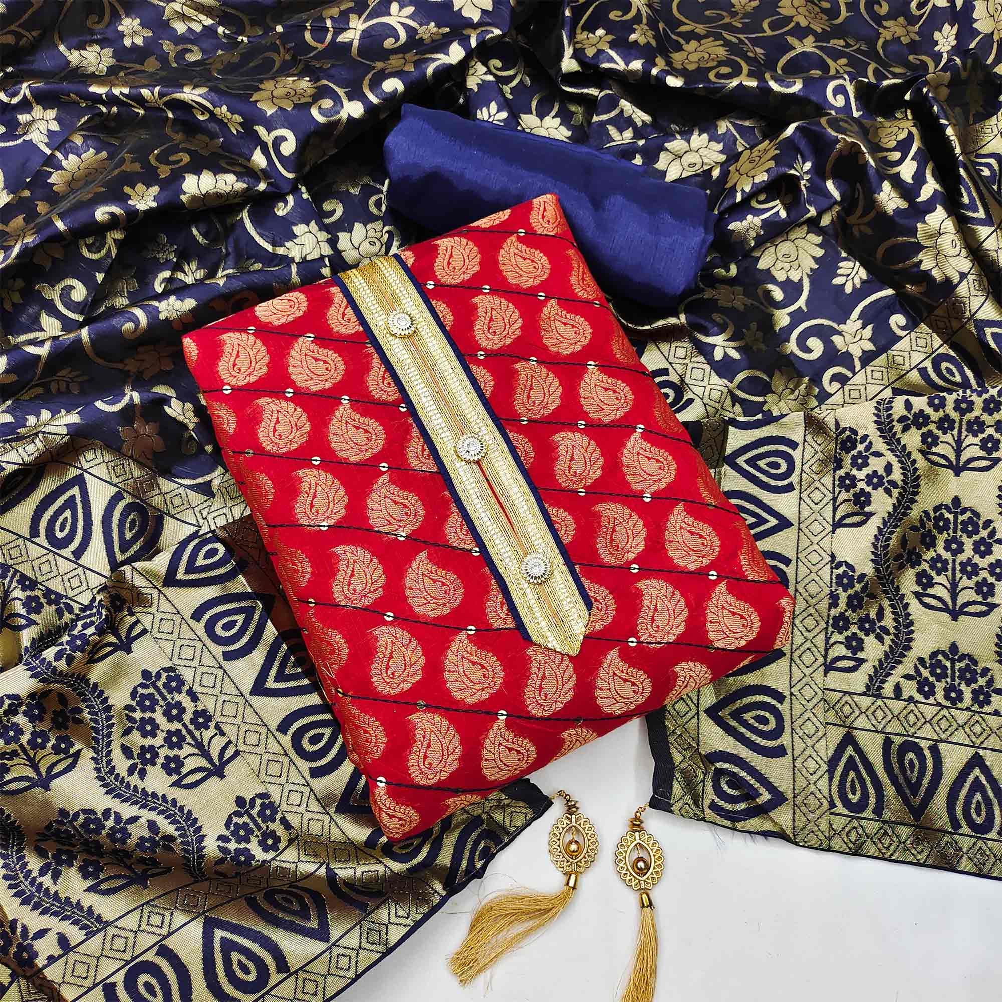 Red Festive Wear Embroidered Chanderi Dress Material - Peachmode