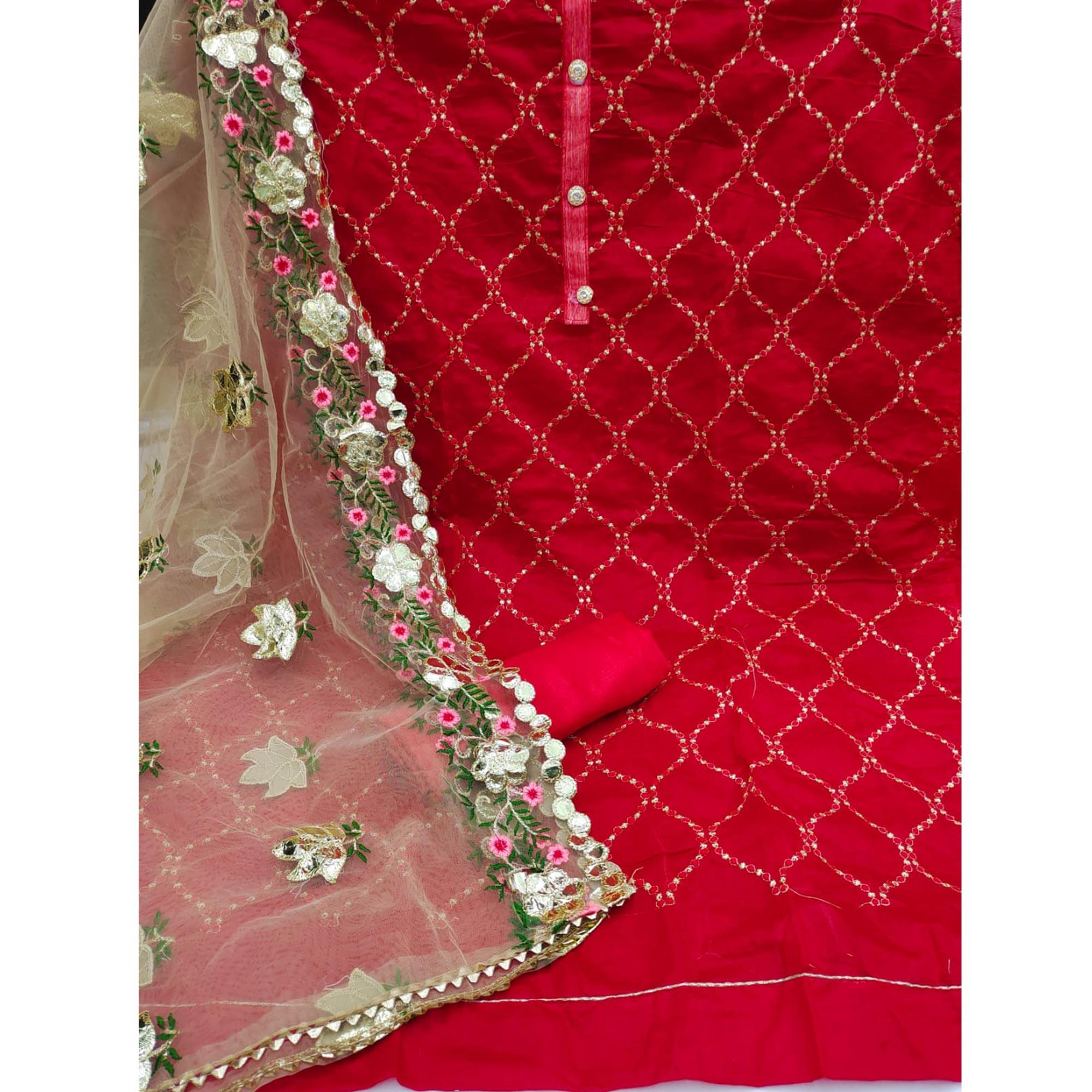 Red Festive Wear Embroidered Chanderi Dress Material - Peachmode