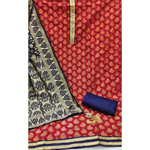 Red Festive Wear Embroidered Chanderi Dress Material - Peachmode