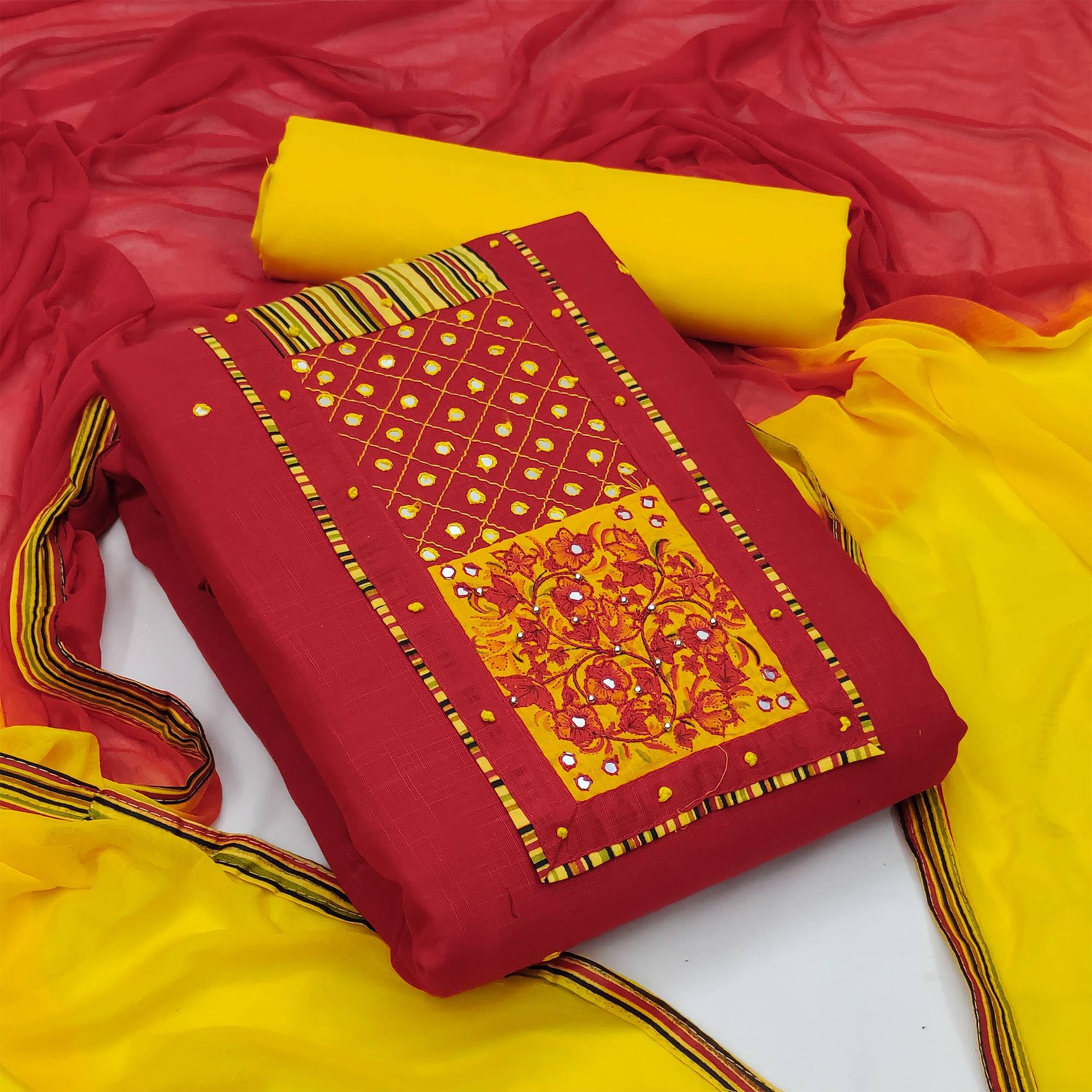 Red Festive Wear Embroidered Cotton Dress Material - Peachmode