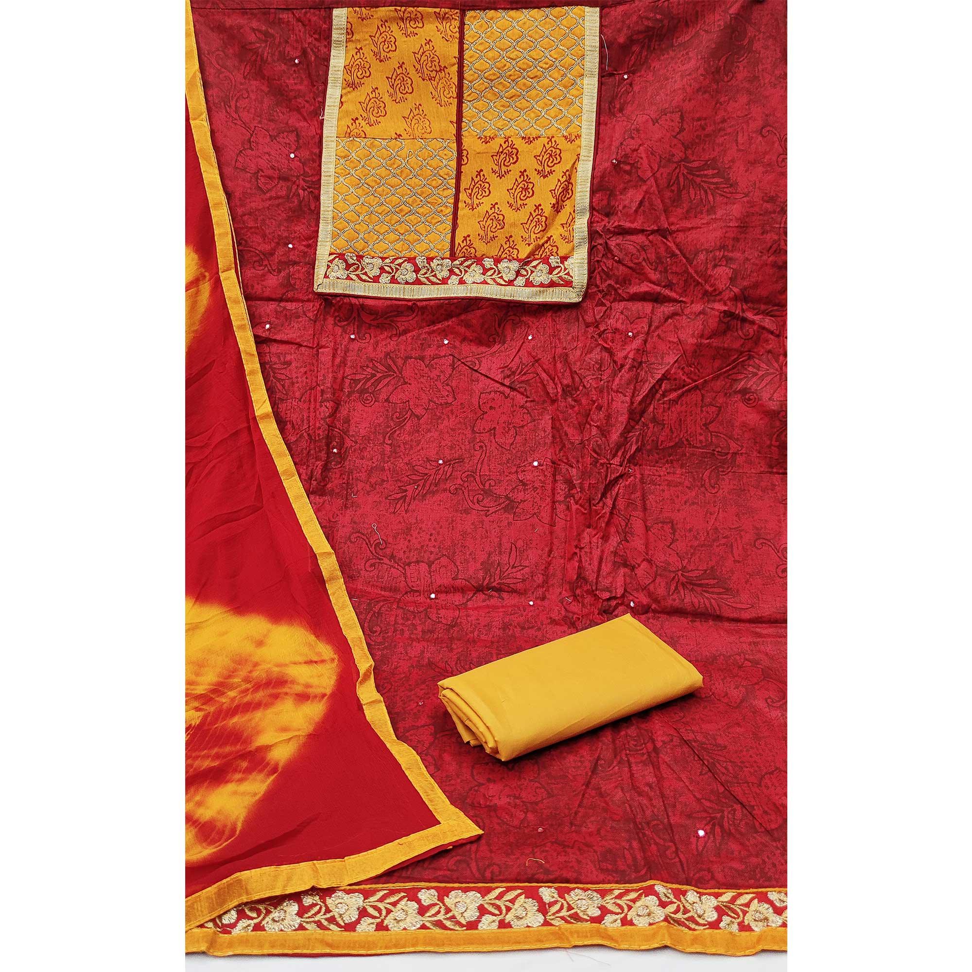 Red Festive Wear Embroidered Cotton Dress Material - Peachmode