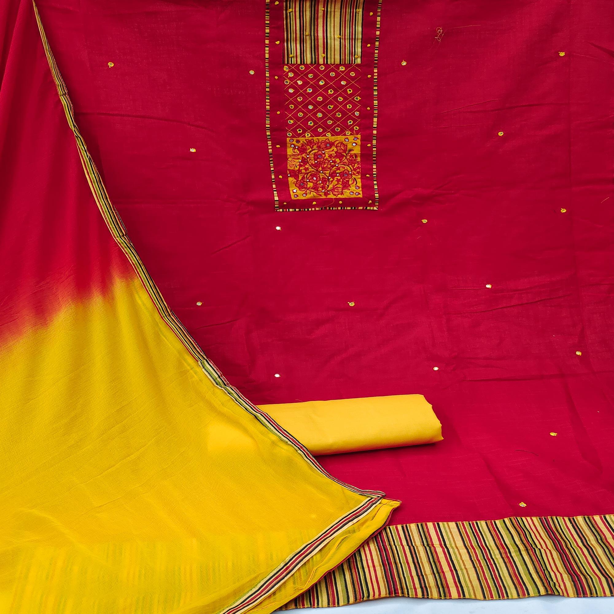 Red Festive Wear Embroidered Cotton Dress Material - Peachmode