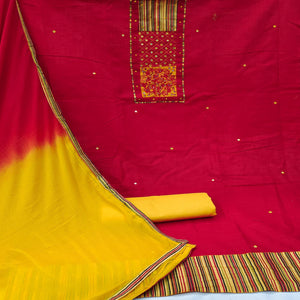 Red Festive Wear Embroidered Cotton Dress Material - Peachmode