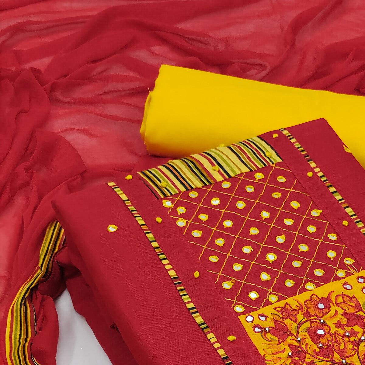 Red Festive Wear Embroidered Cotton Dress Material - Peachmode