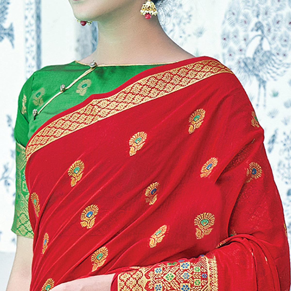 Red Festive Wear Embroidered Cotton Saree - Peachmode