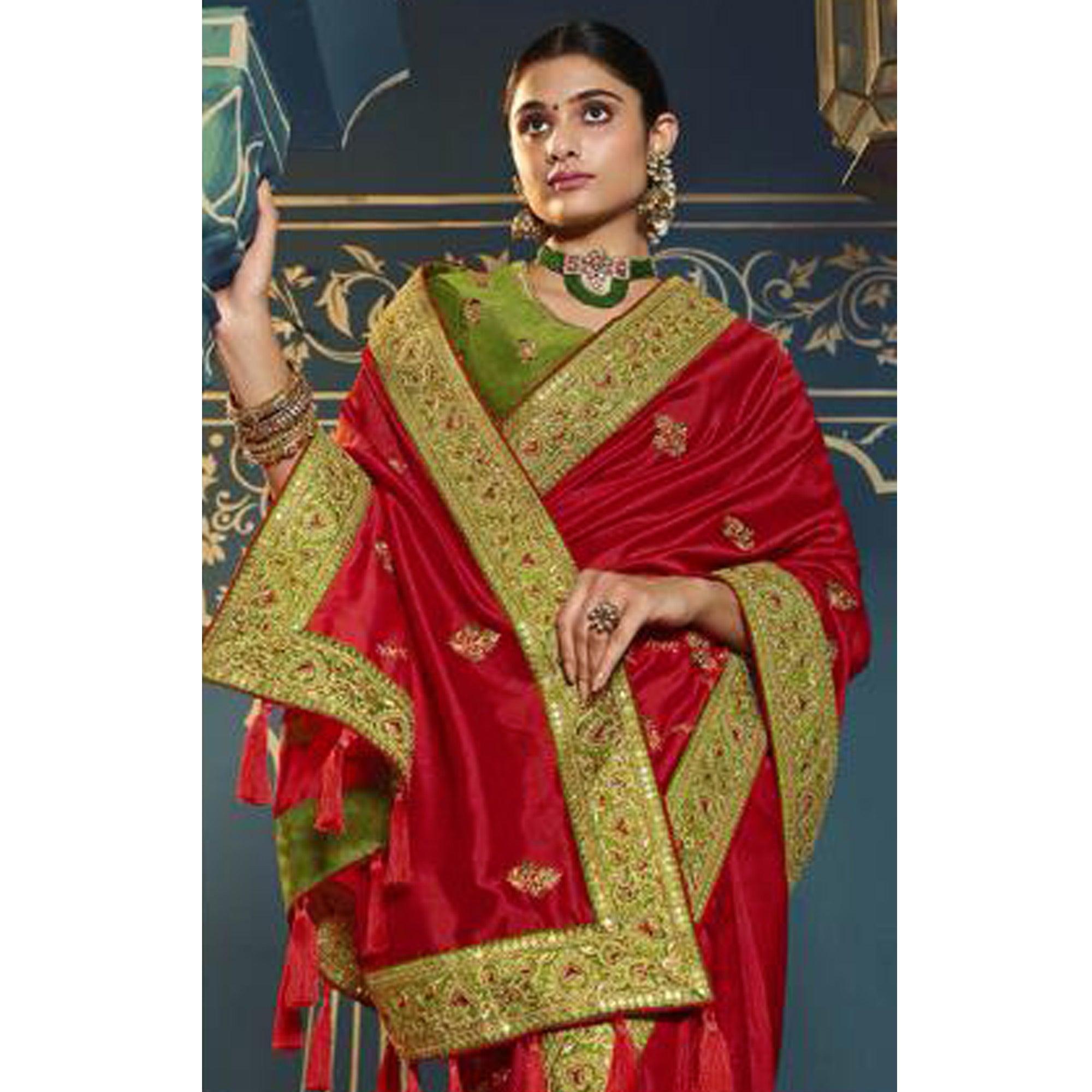 Red Festive Wear Embroidered Silk Saree - Peachmode
