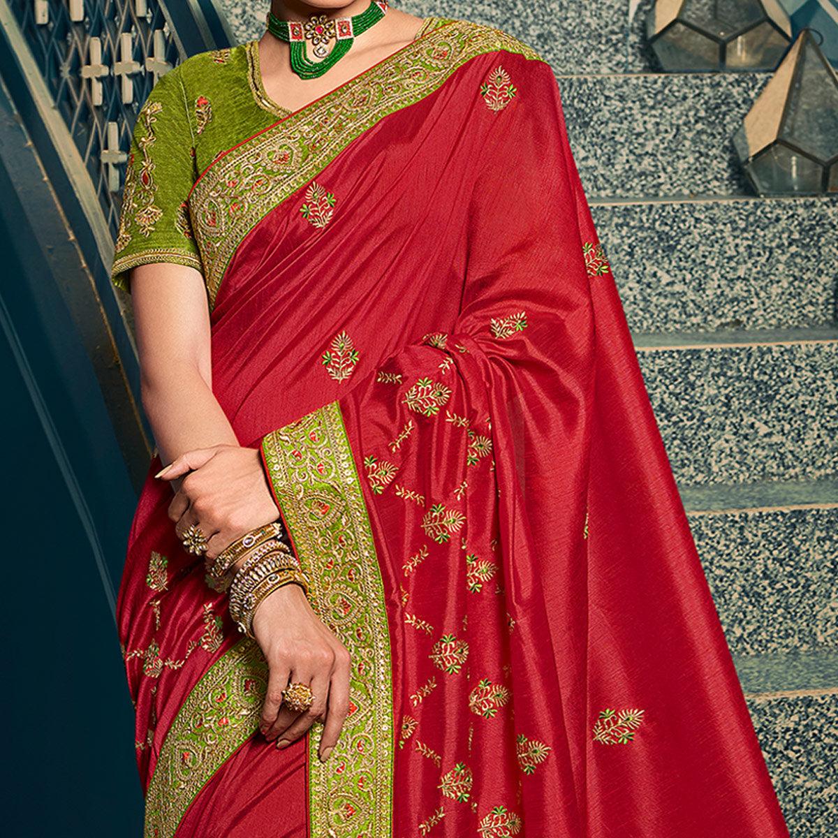 Red Festive Wear Embroidered Silk Saree - Peachmode