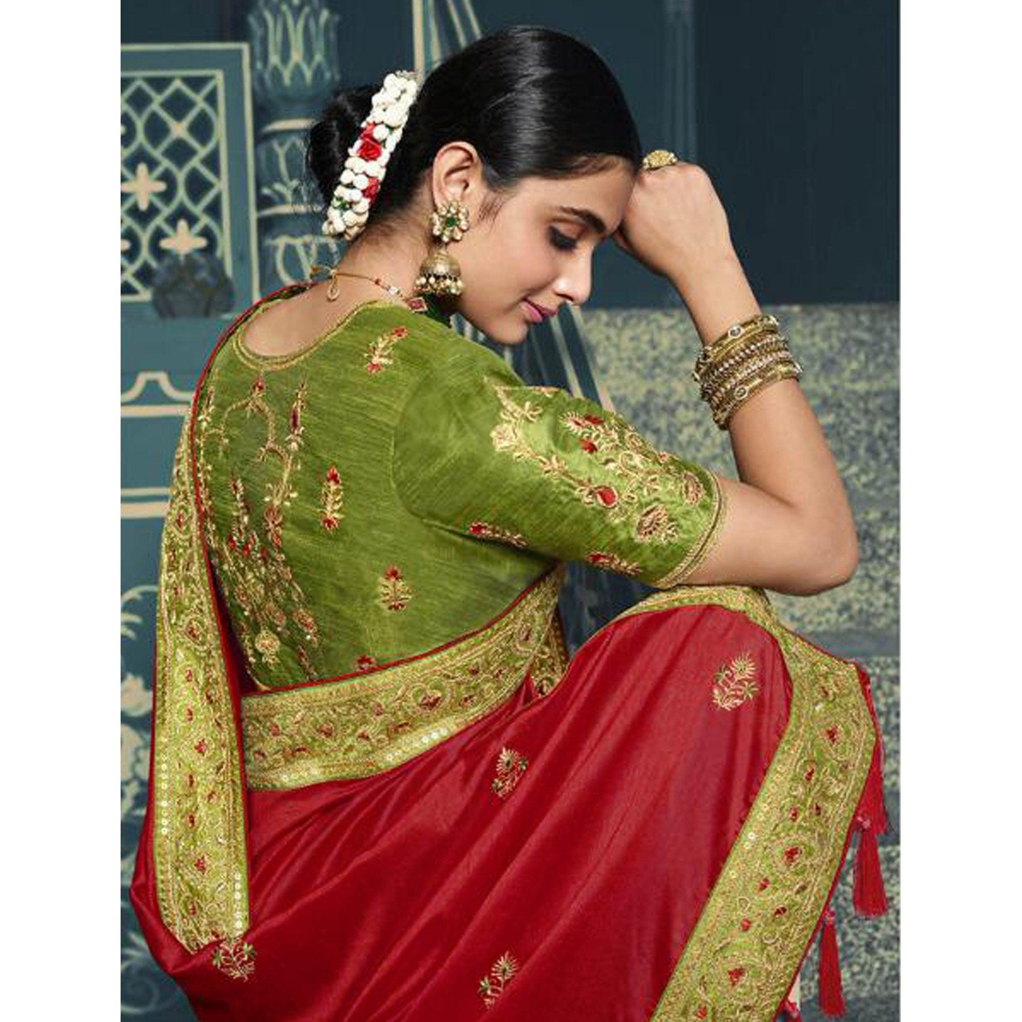 Red Festive Wear Embroidered Silk Saree - Peachmode