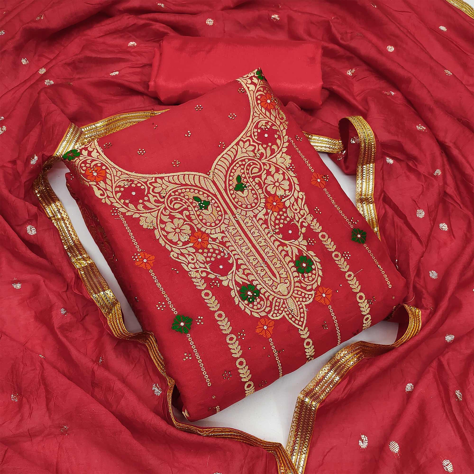 Red Festive Wear Embroidered Tapetta Dress Material - Peachmode