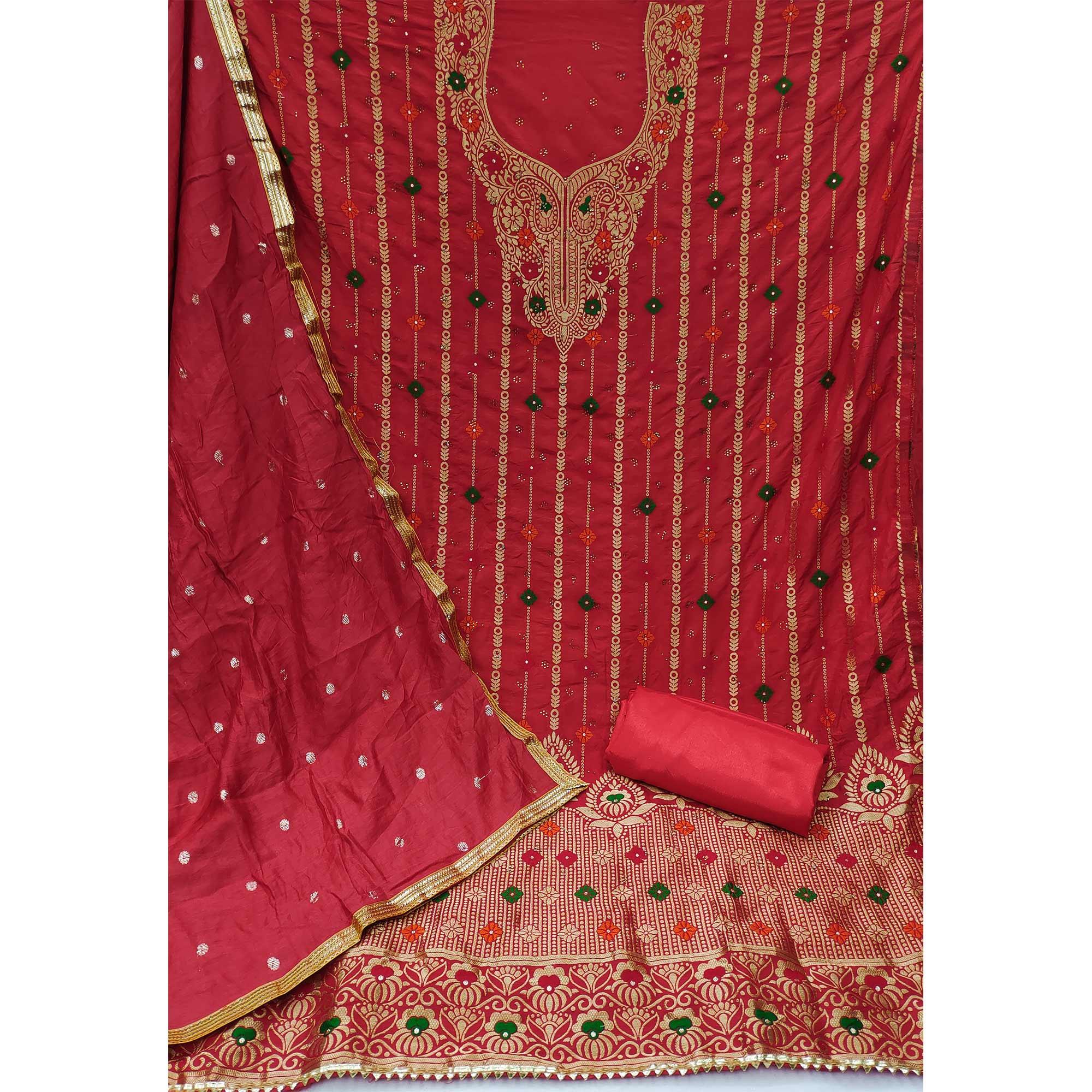 Red Festive Wear Embroidered Tapetta Dress Material - Peachmode