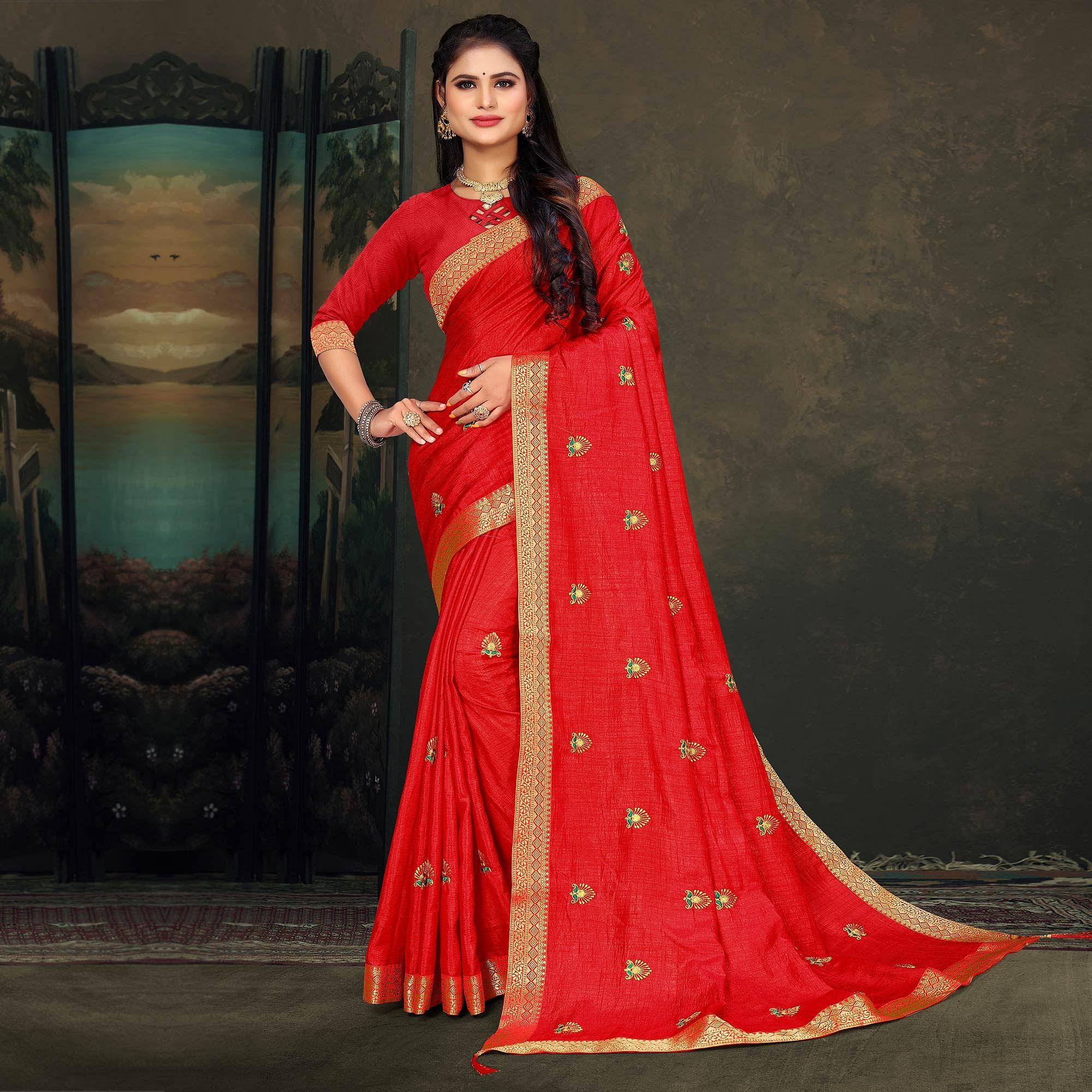Red Festive Wear Embroidered Vichitra Silk Saree - Peachmode
