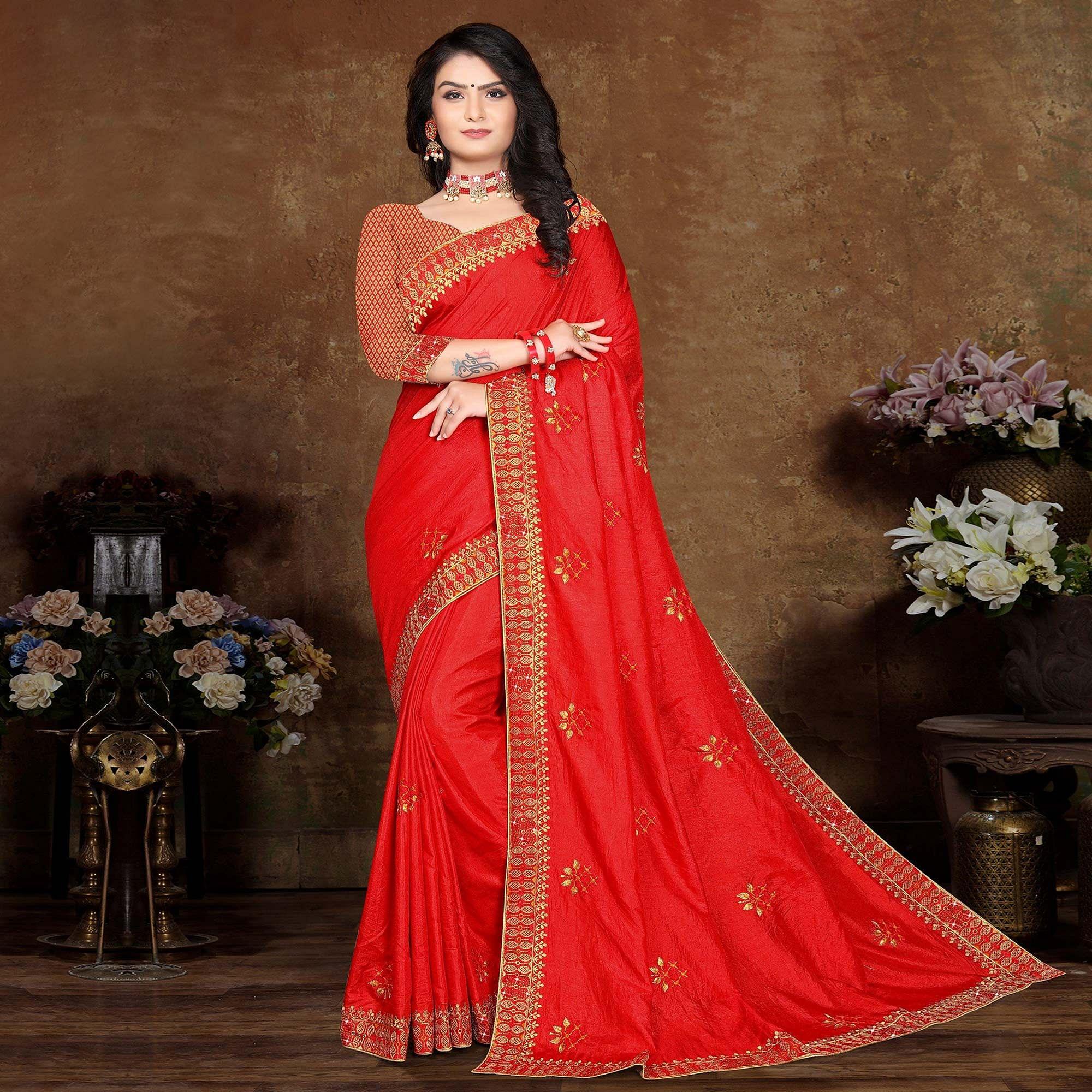 Red Festive Wear Embroidered Vichitra Silk Saree - Peachmode