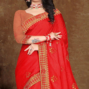 Red Festive Wear Embroidered Vichitra Silk Saree - Peachmode