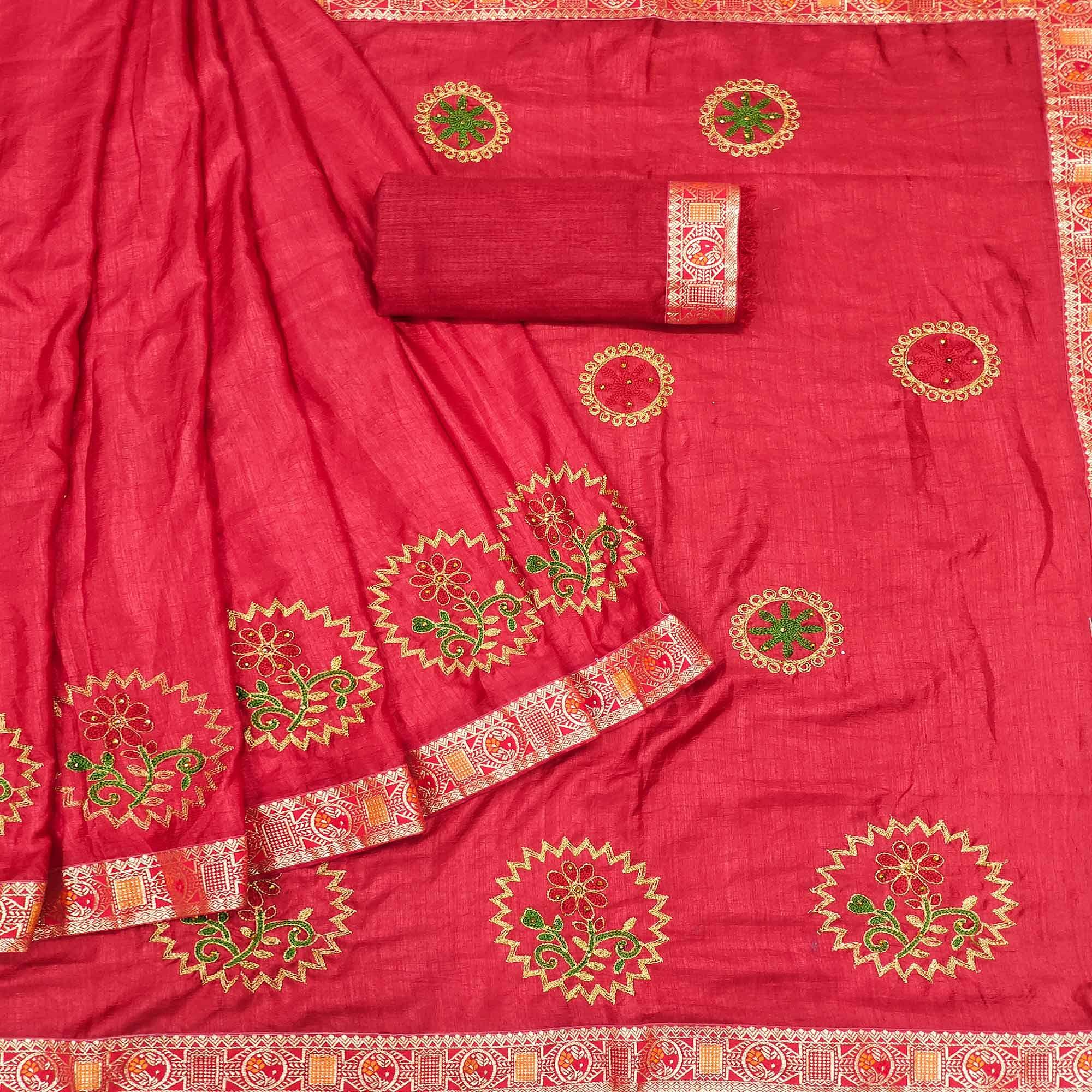 Red Festive Wear Embroidered With Embellished Vichitra Silk Saree - Peachmode