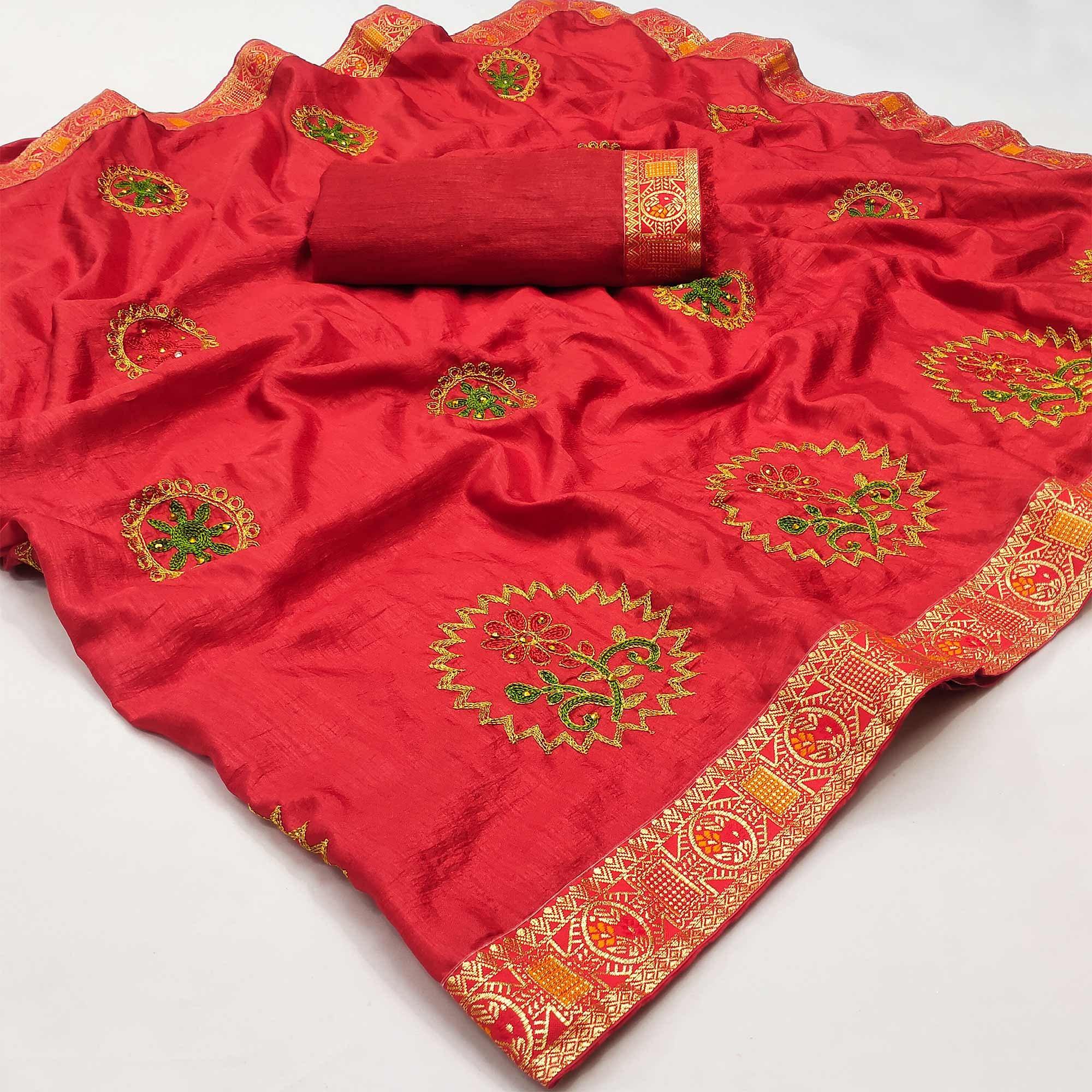 Red Festive Wear Embroidered With Embellished Vichitra Silk Saree - Peachmode